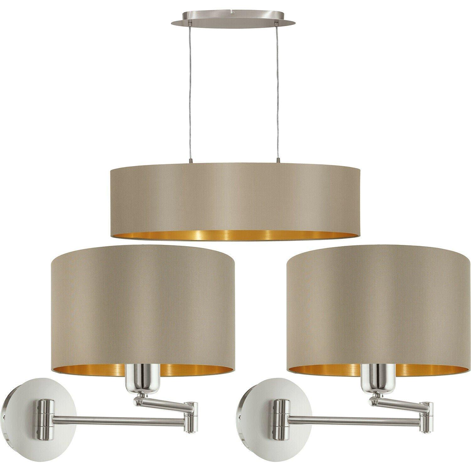 Ceiling Pendant Light & 2x Matching Wall Lights Taupe & Gold Large Linear Shade