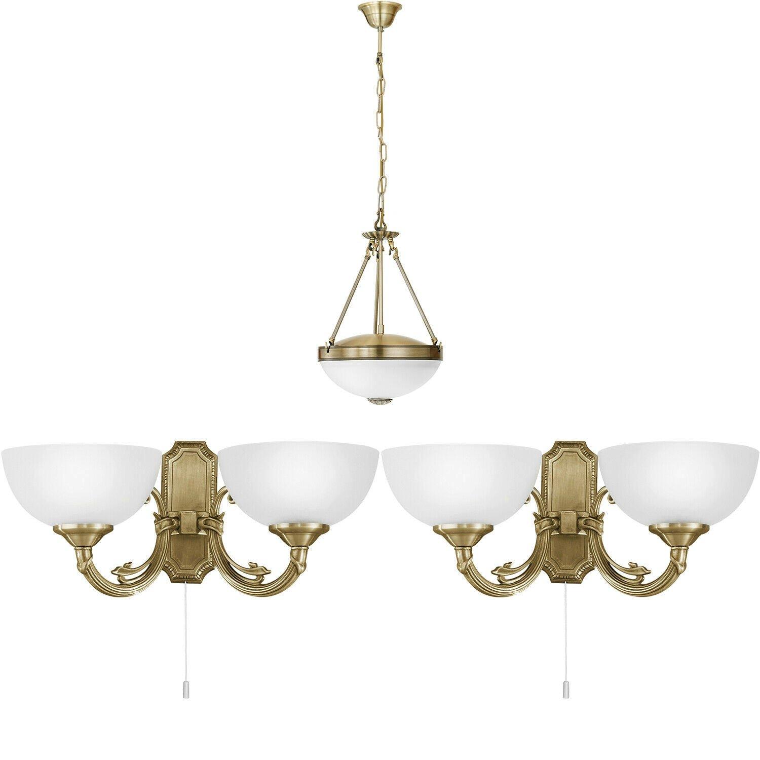 Ceiling Pendant Light & 2x Matching Wall Lights Bronze & White Satin Glass Shade