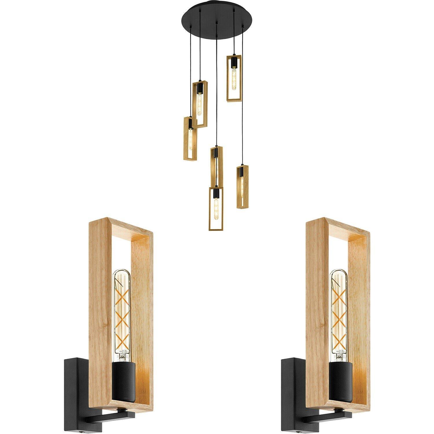 Ceiling Pendant Light & 2x Matching Wall Lights Black & Wood Box Feature Lamp