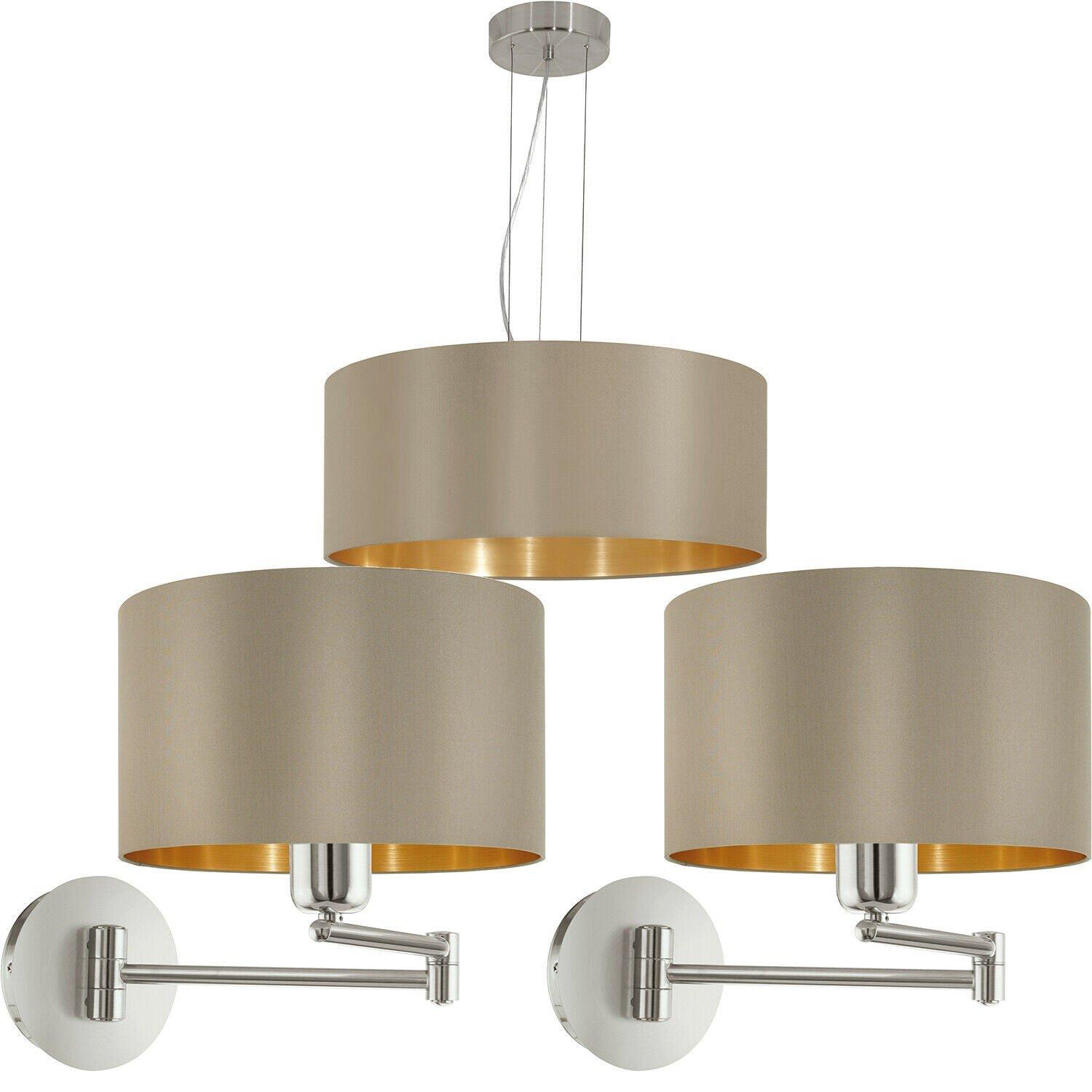 Ceiling Pendant Light & 2x Matching Wall Lights Taupe Gold Fabric Feature Lamp