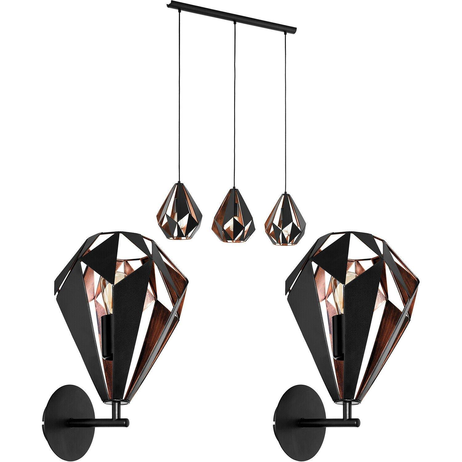 3 Bulb Ceiling Light & 2x Matching Wall Lights Black & Copper Geometric Shade