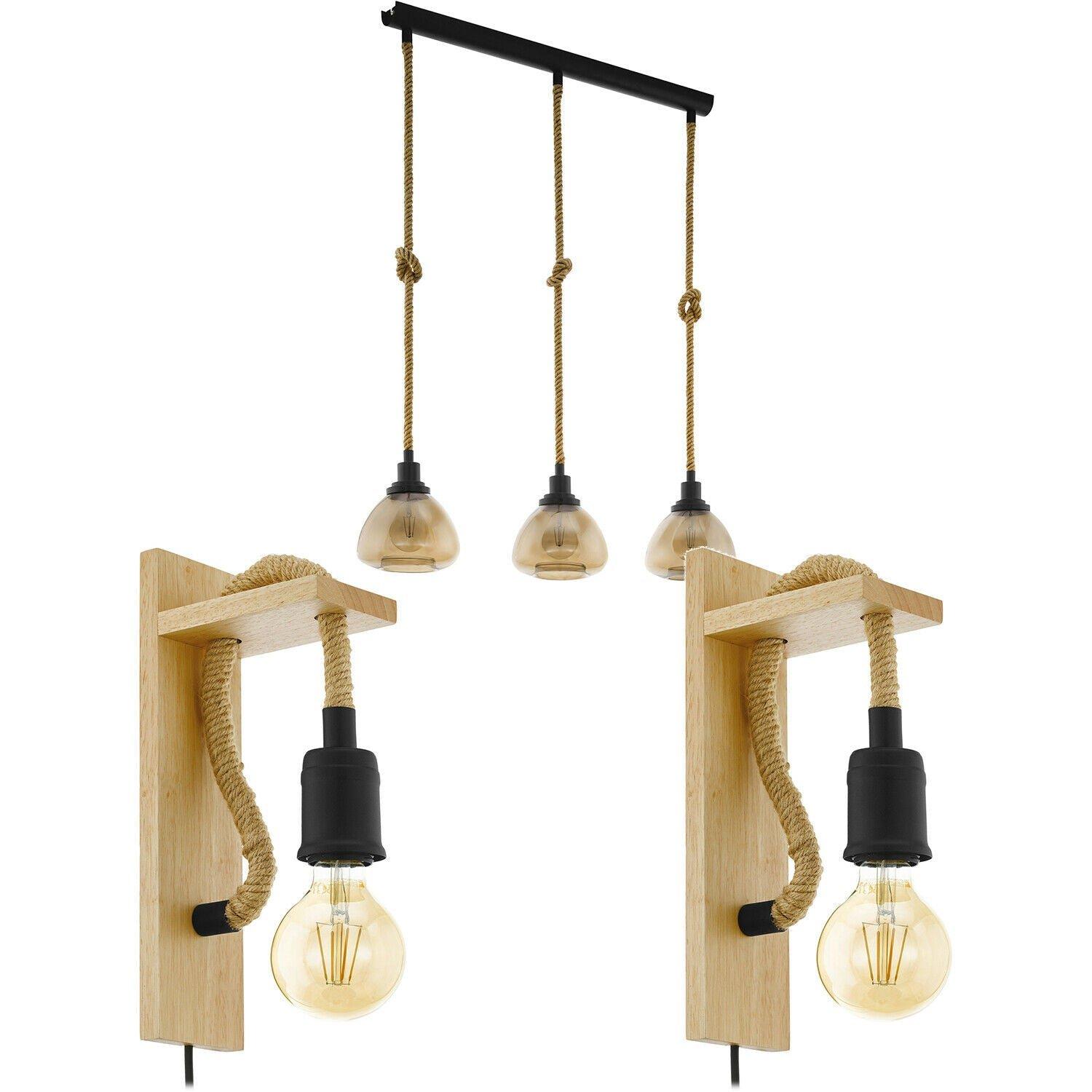 Linear Ceiling Pendant & 2x Matching Wall Lights Black Rope & Amber Glass Shade
