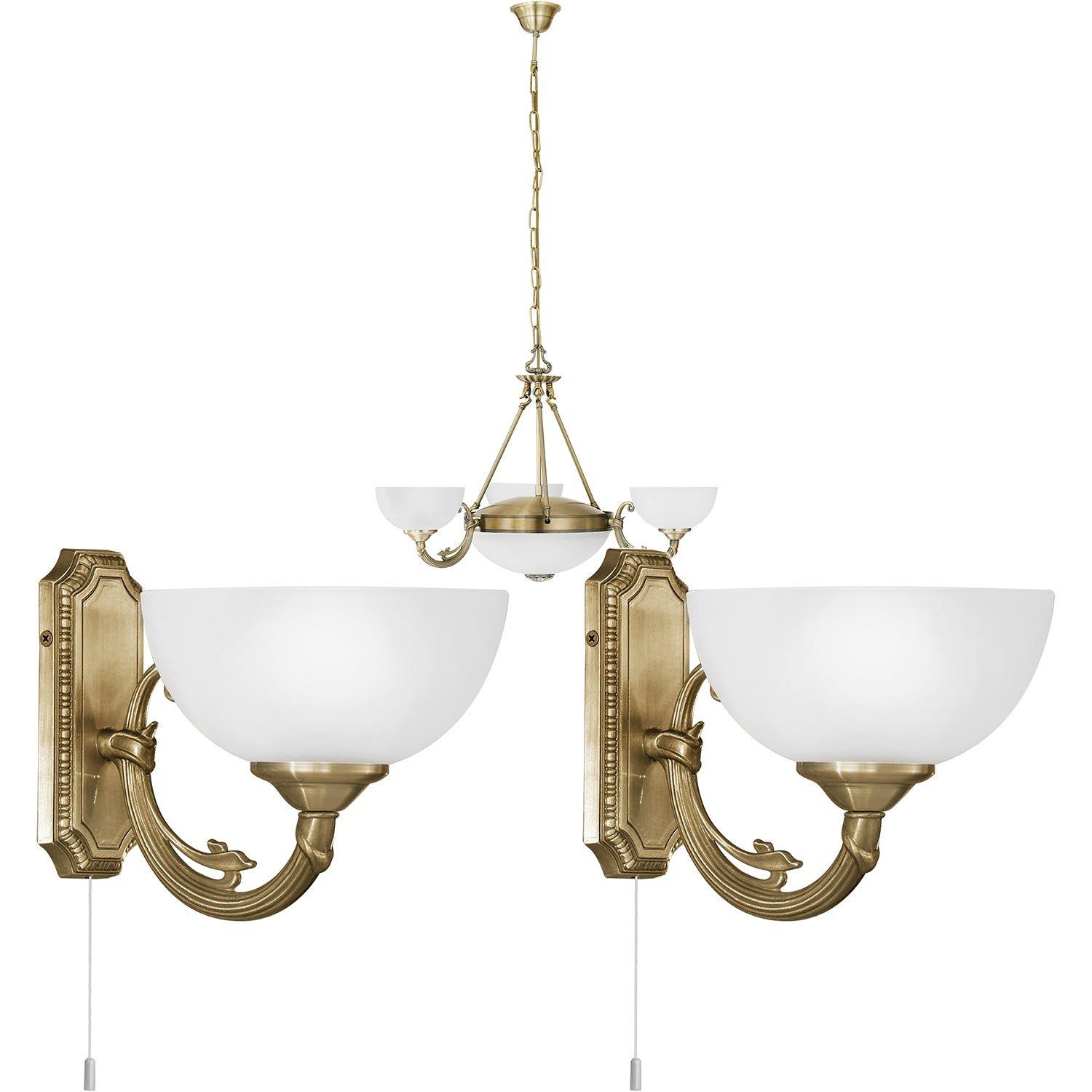Ceiling Pendant Light & 2x Matching Wall Lights Bronze & Satin Glass Chandelier
