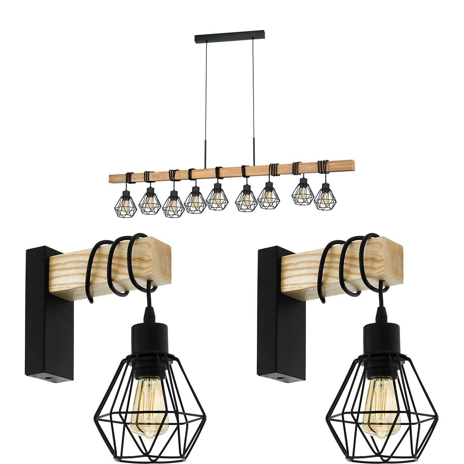9 Bulb Ceiling Pendant & 2x Matching Wall Lights Black Cage & Wood Trendy Lamp