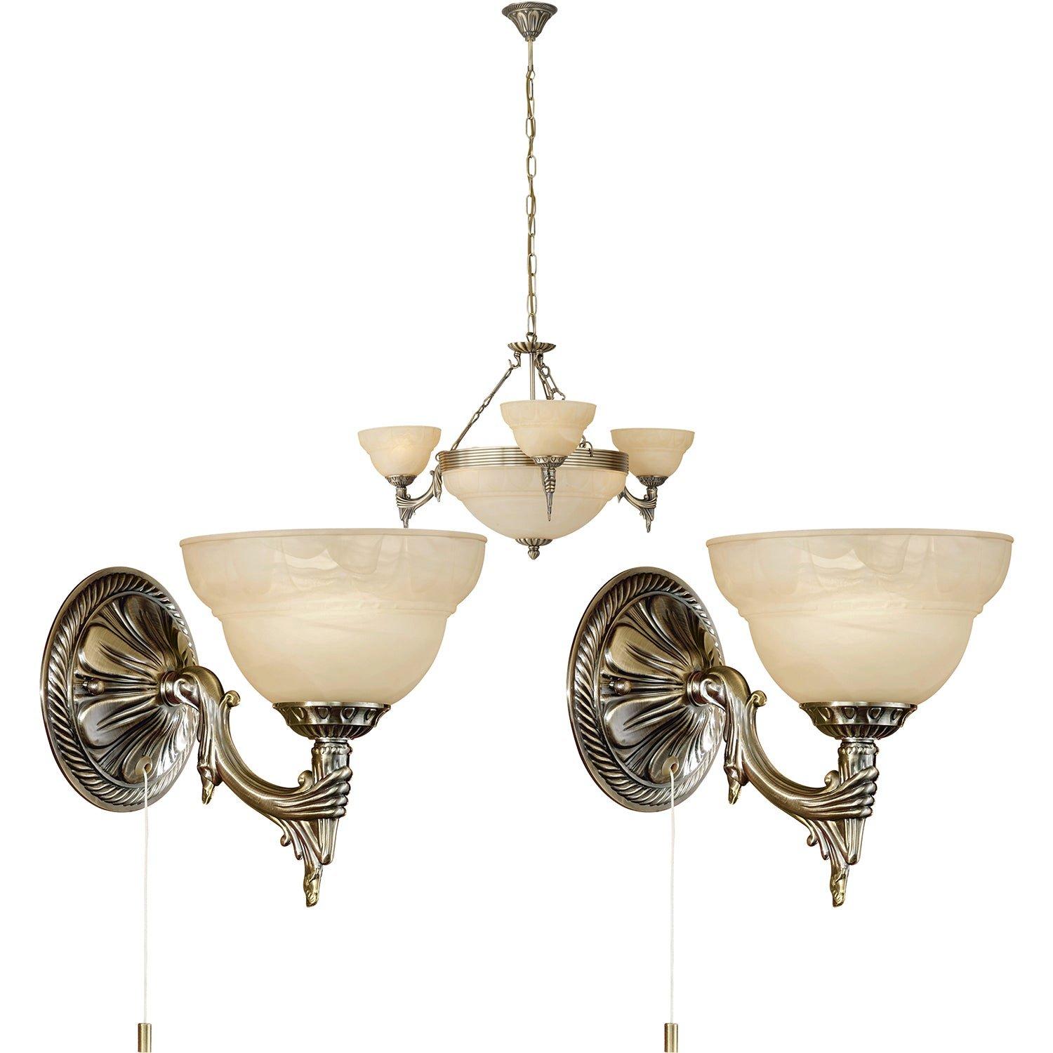 Ceiling Pendant Light & 2x Matching Wall Lights Bronze Satin Glass Chandelier