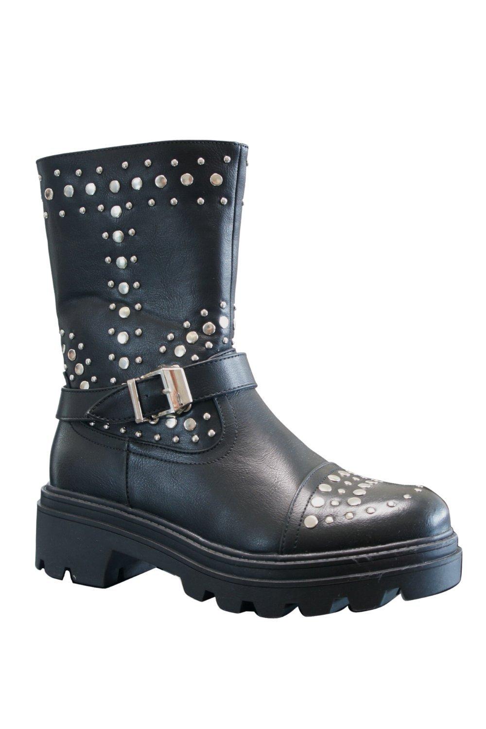 Boots | Black Studded Black buckle Chunky Zip Closure Ankle Boots | IVACHY