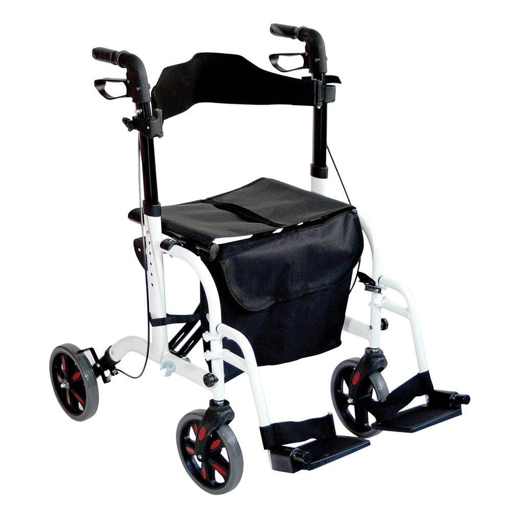 White Deluxe Aluminium Rollator and Transit Chair 2-in-1 Dual Function Walker