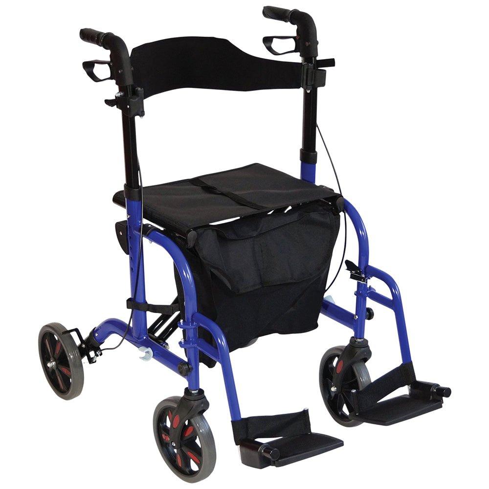Blue Deluxe Aluminium Rollator and Transit Chair 2-in-1 Dual Function Walker