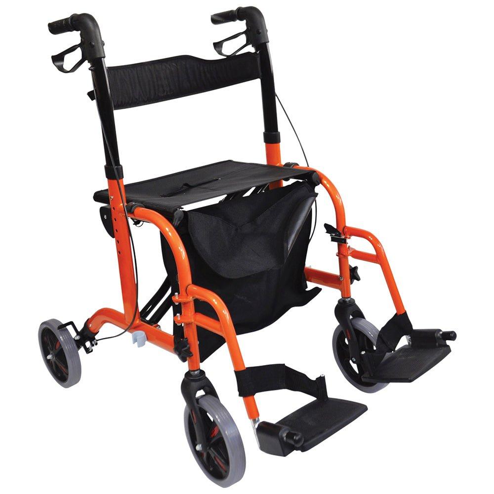 Orange Deluxe Aluminium Rollator and Transit Chair 2-in-1 Dual Function Walker