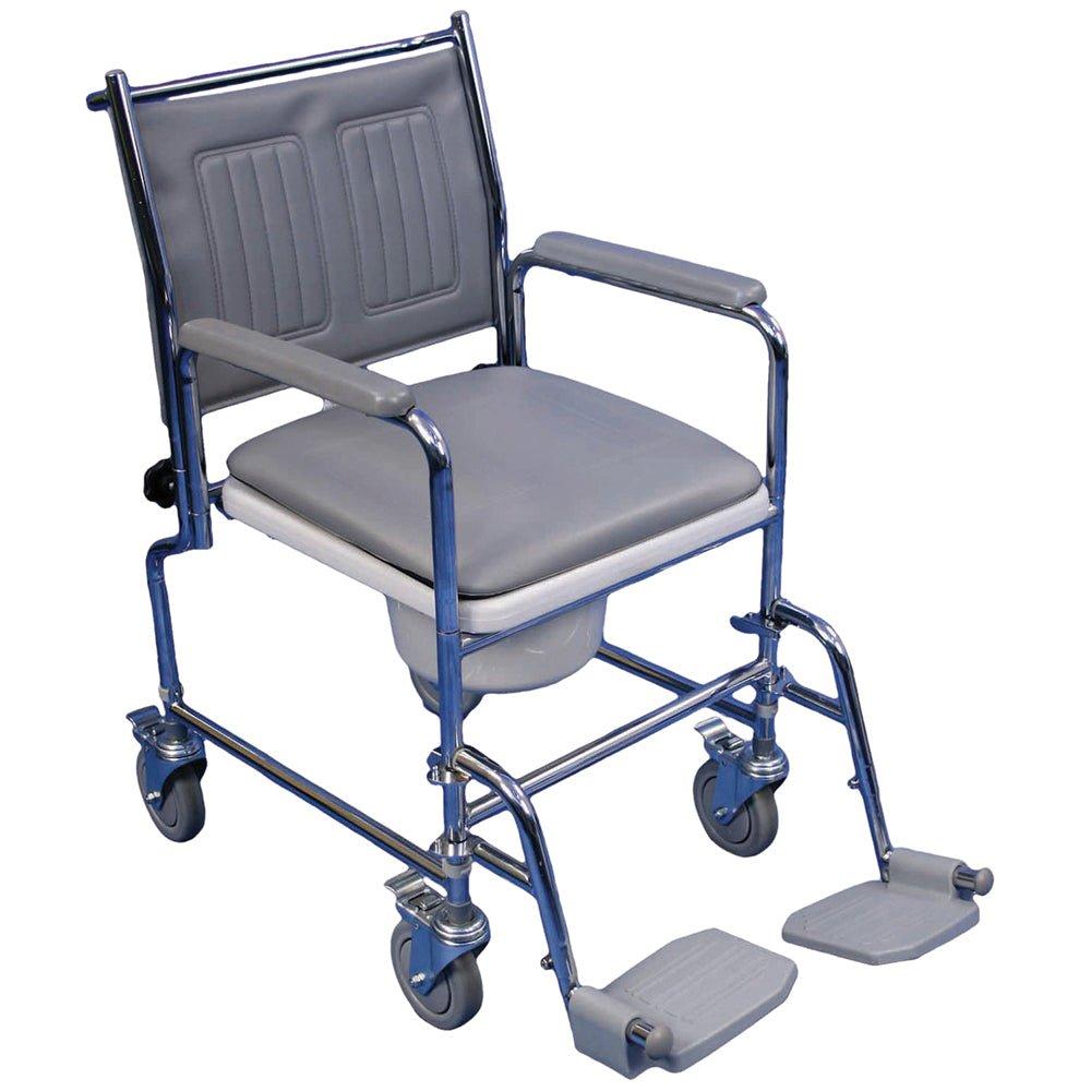 Height Adjustable Mobile Commode Chair - Four Braked Castors - Detachable Arms