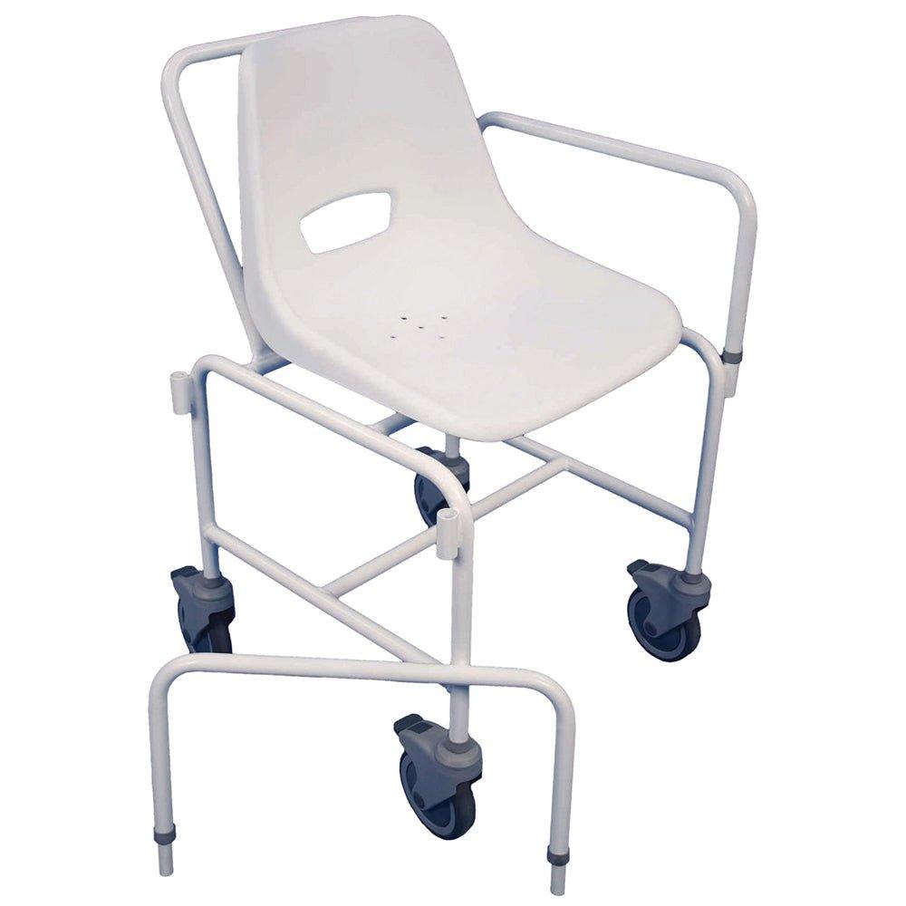 Attendant Propelled Shower Chair - Detachable Arms - 4 Braked Castors Easy Clean