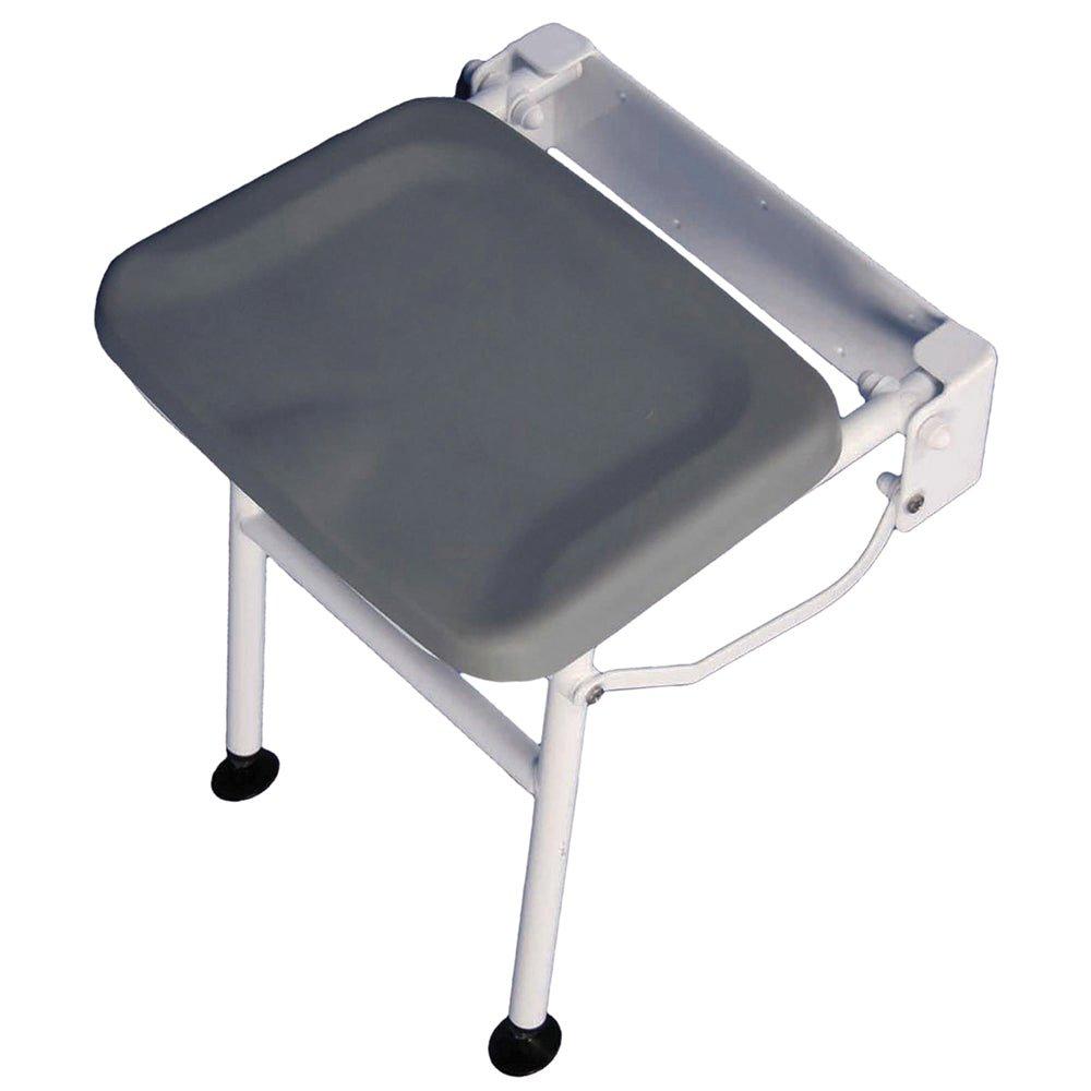 Compact Folding Shower Seat with Support Legs - Grey Padded Seat - Wall Mounted