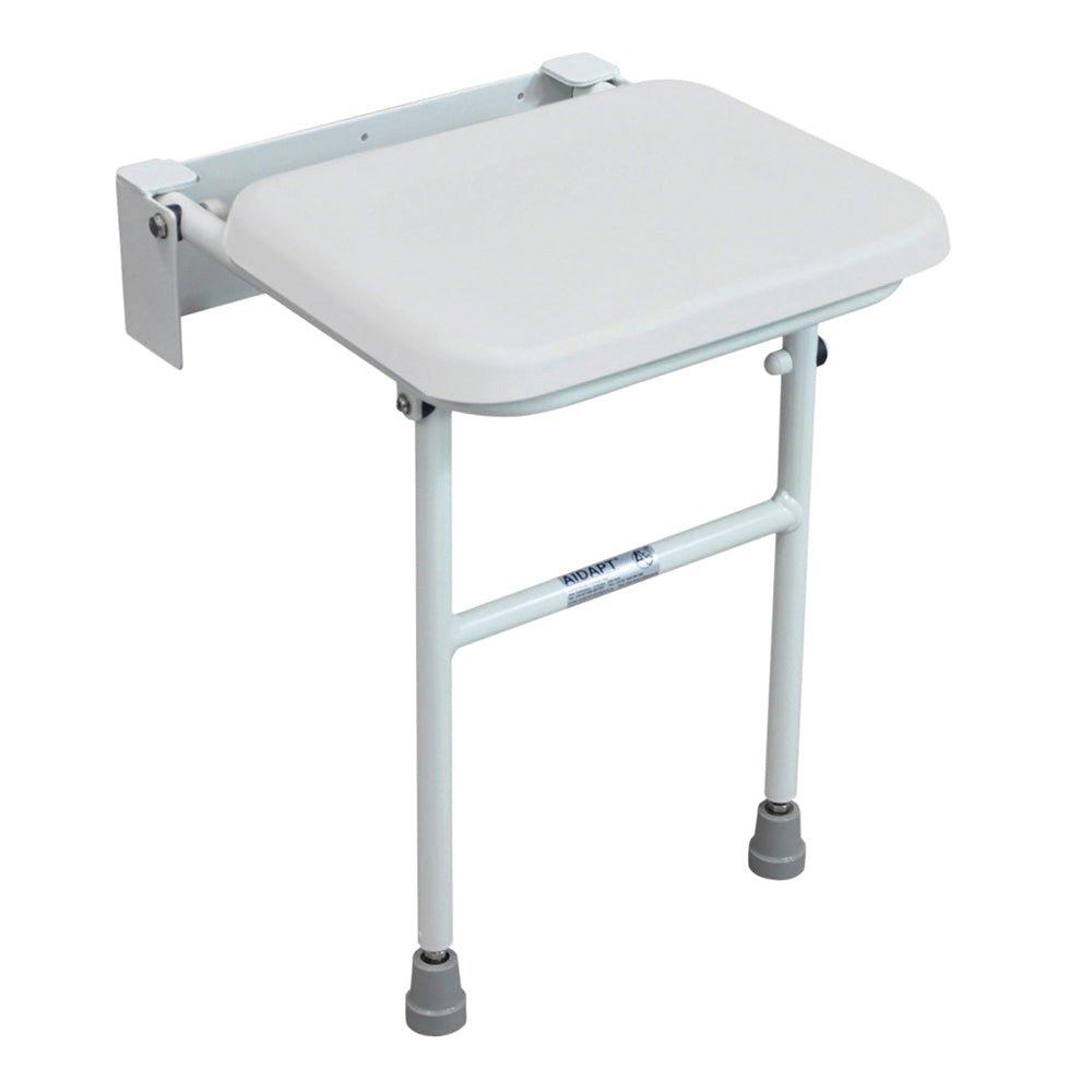 Compact Folding Shower Seat with Support Legs - White Padded Seat - Wall Mounted