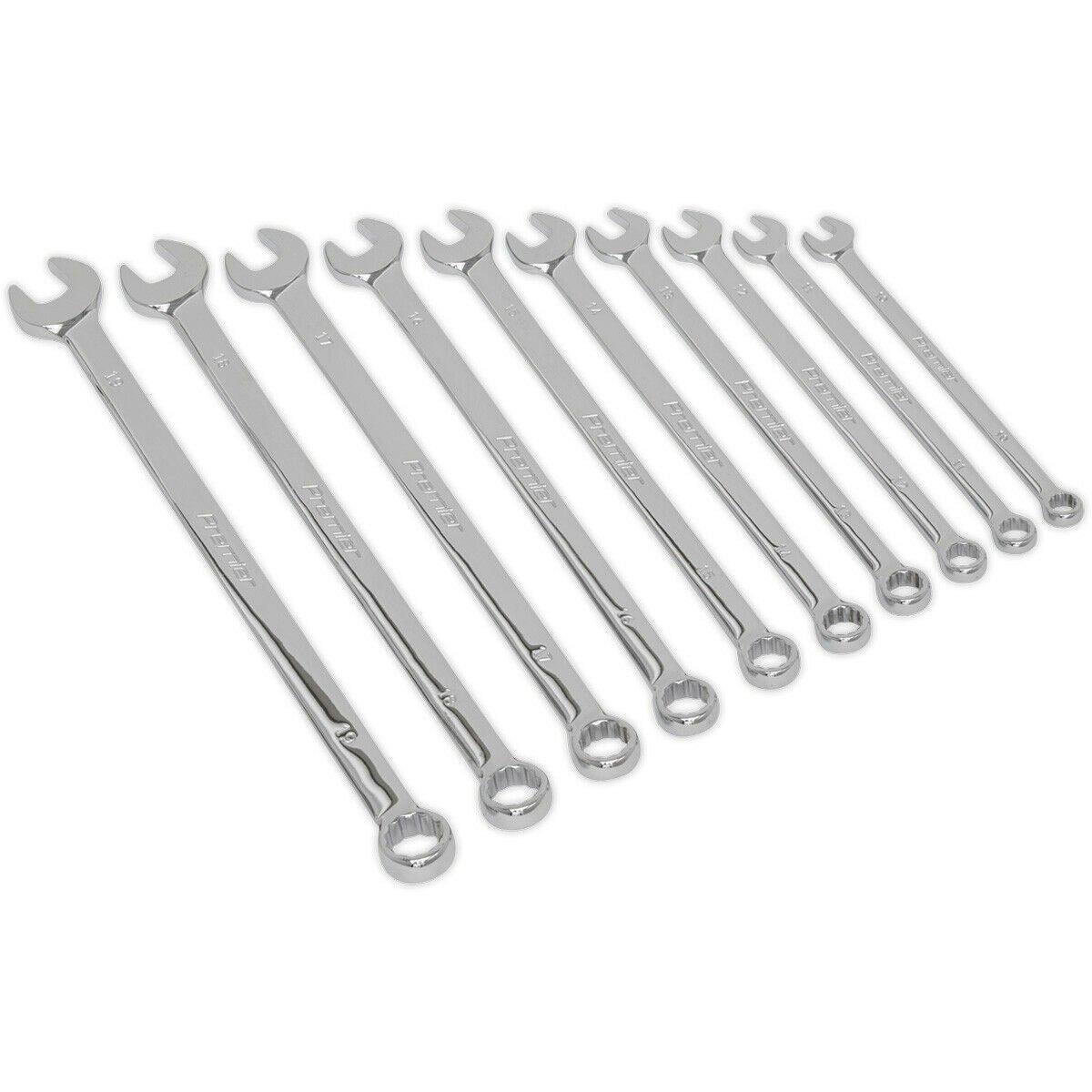 10pc Extra Long Combination Hand Spanner Set - 10 to 19mm Metric 12 Point Socket