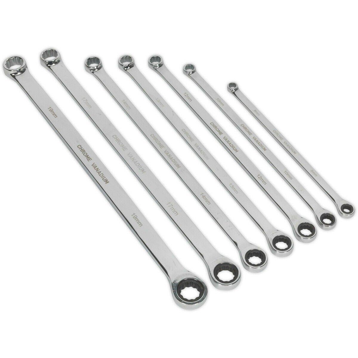 7pc Double Ended Fixed & Ratchet Ring Spanner Set -12 Point Metric Socket Wrench