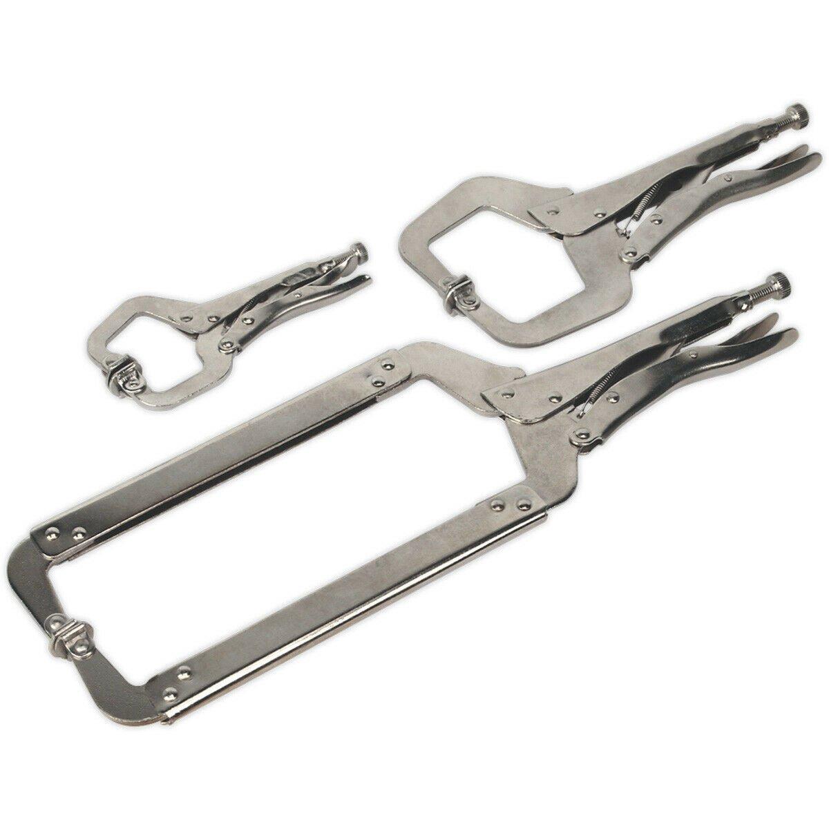3 Piece Locking C-Clamp Pliers - 170 275 and 450mm Clamps - Nickel Plated Steel