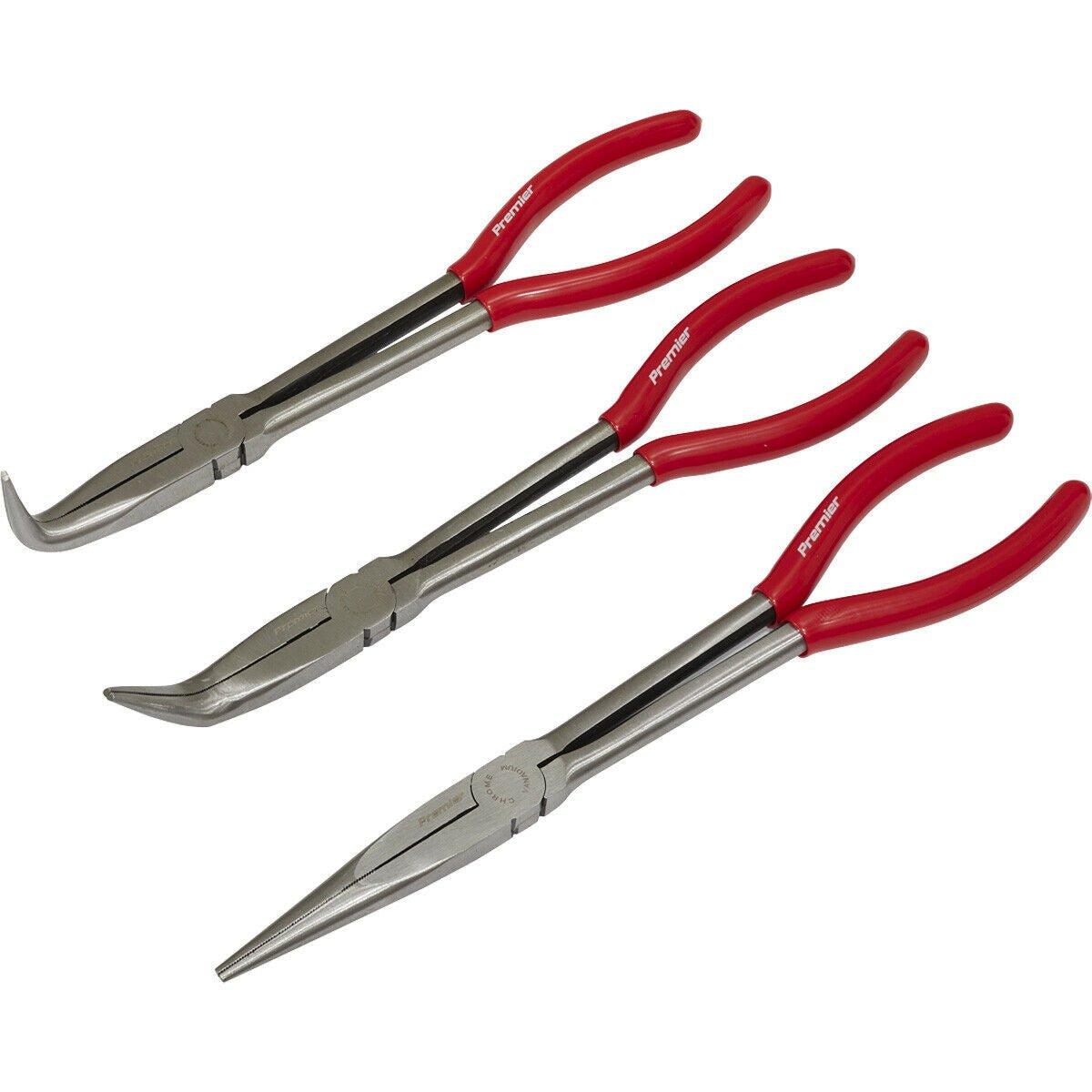3 Piece 280mm Needle Nose Pliers Set - Straight & Angled Nose - Serrated Jaws