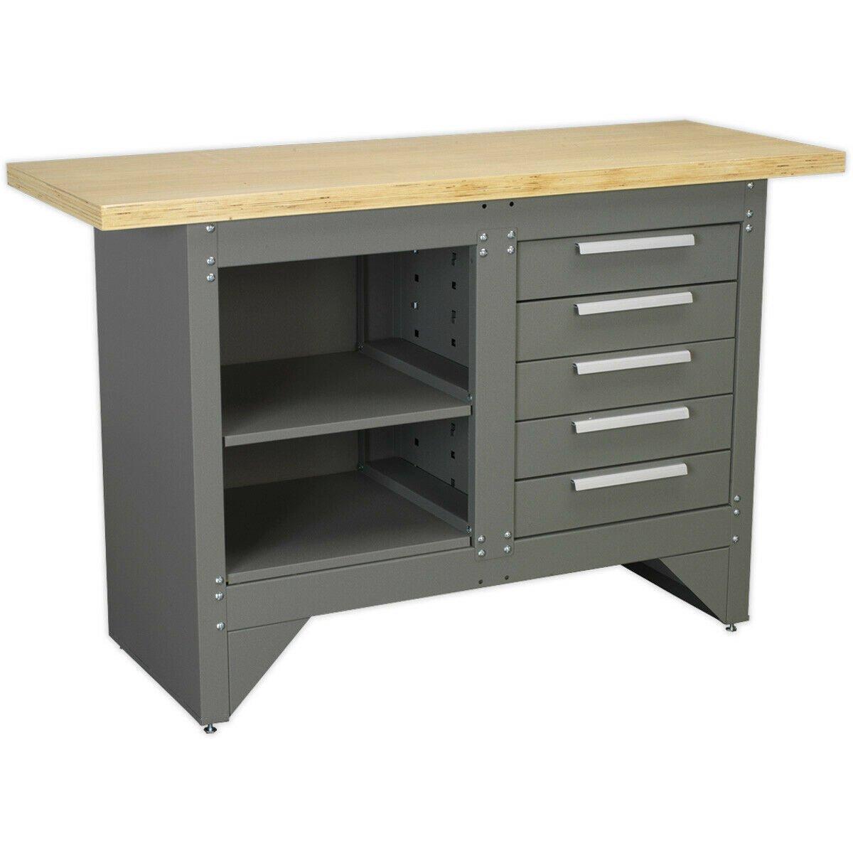 Heavy Duty Steel Workbench - Shelf & 5 Draw Storage - Wooden Work Top Station