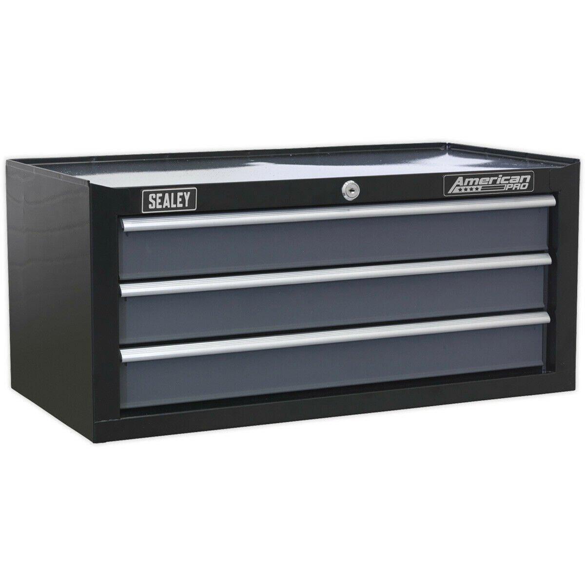 605 x 310 x 275mm BLACK 3 Drawer MID-BOX Tool Chest Lockable Storage Cabinet