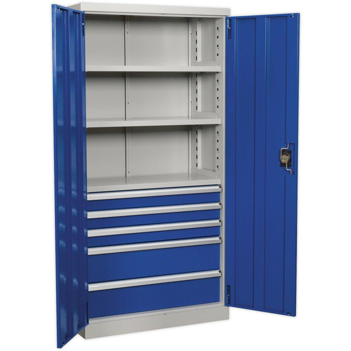 1800mm Double Door Industrial Cabinet - 5 Drawers & 3 Shelves - 3 Point Lock
