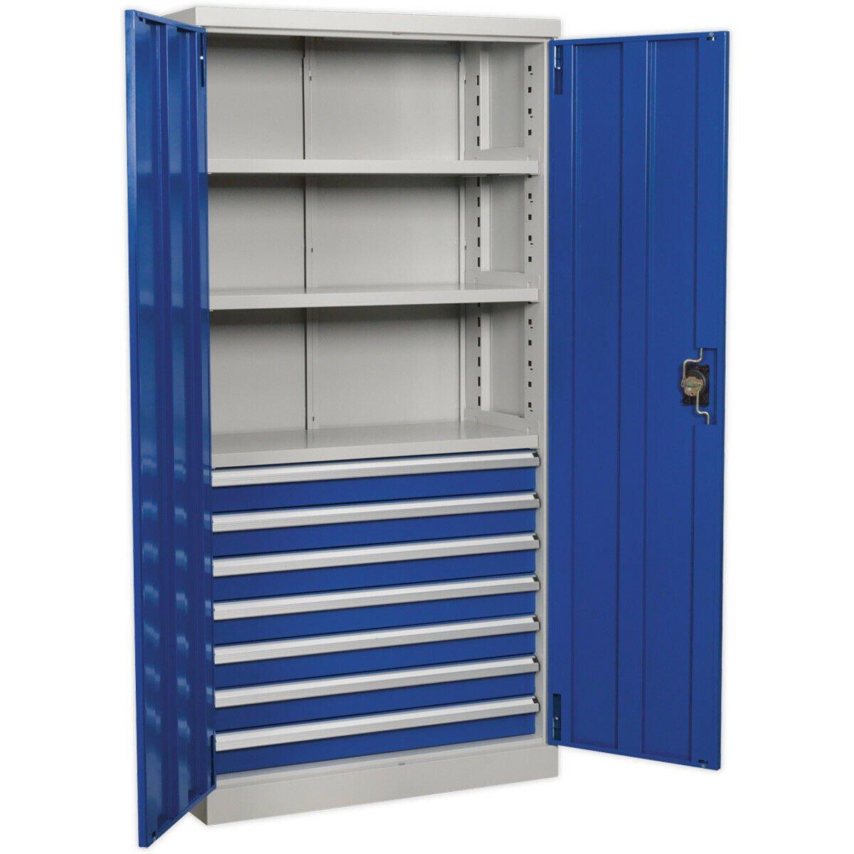 1800mm Double Door Industrial Cabinet - 7 Drawers & 3 Shelves - 3 Point Lock