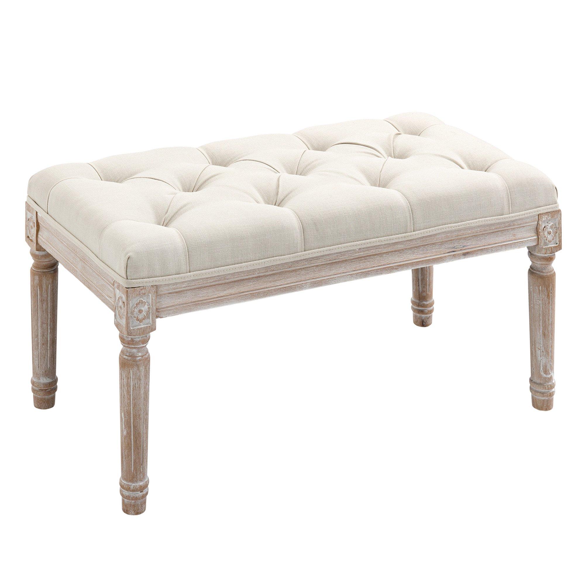 Accent Bench Tufted Upholstered Foot Stool Linen-Touch Ottoman
