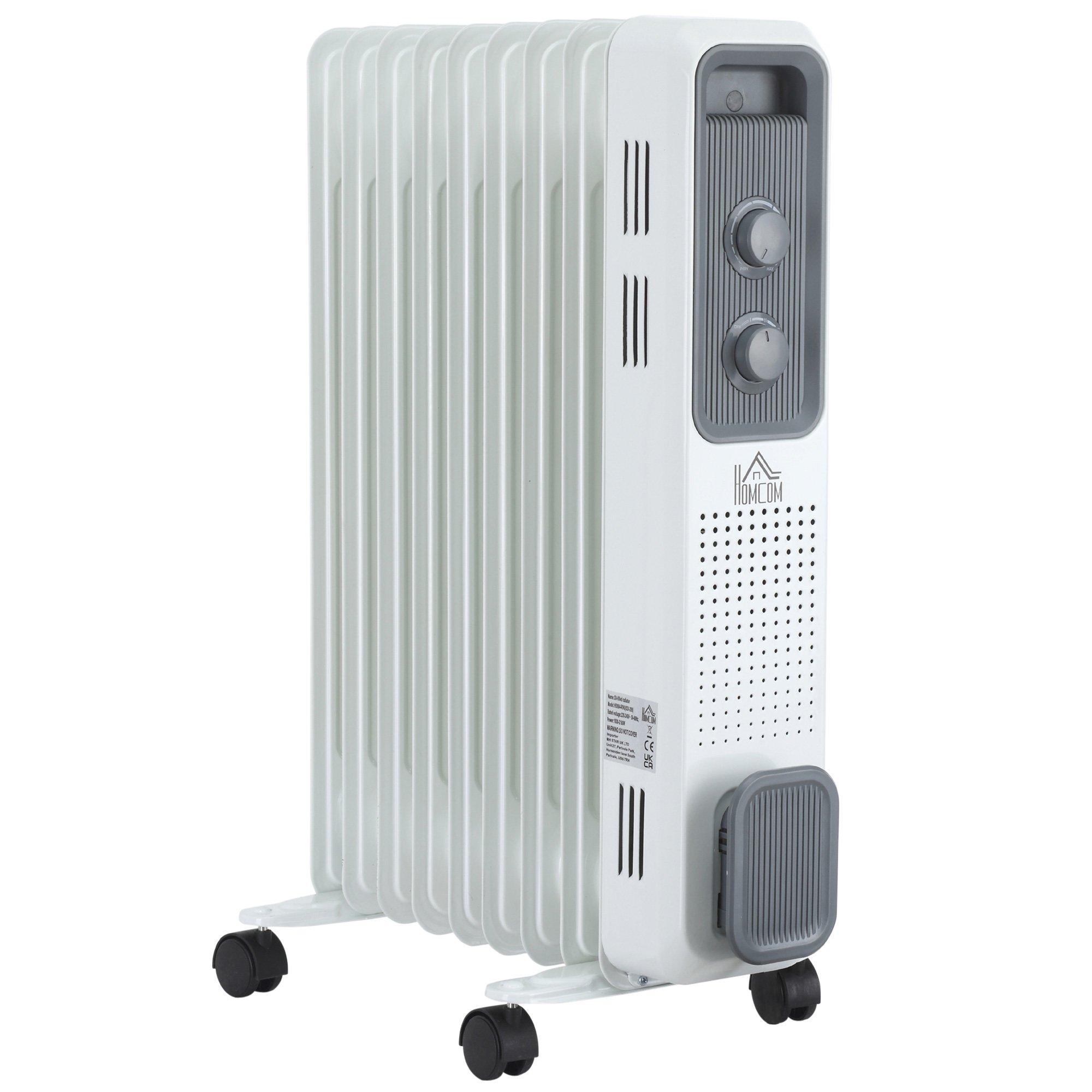 Oil Filled Radiator 9 Fin Portable Heater w/ Wheels and 3 Heat Settings, White