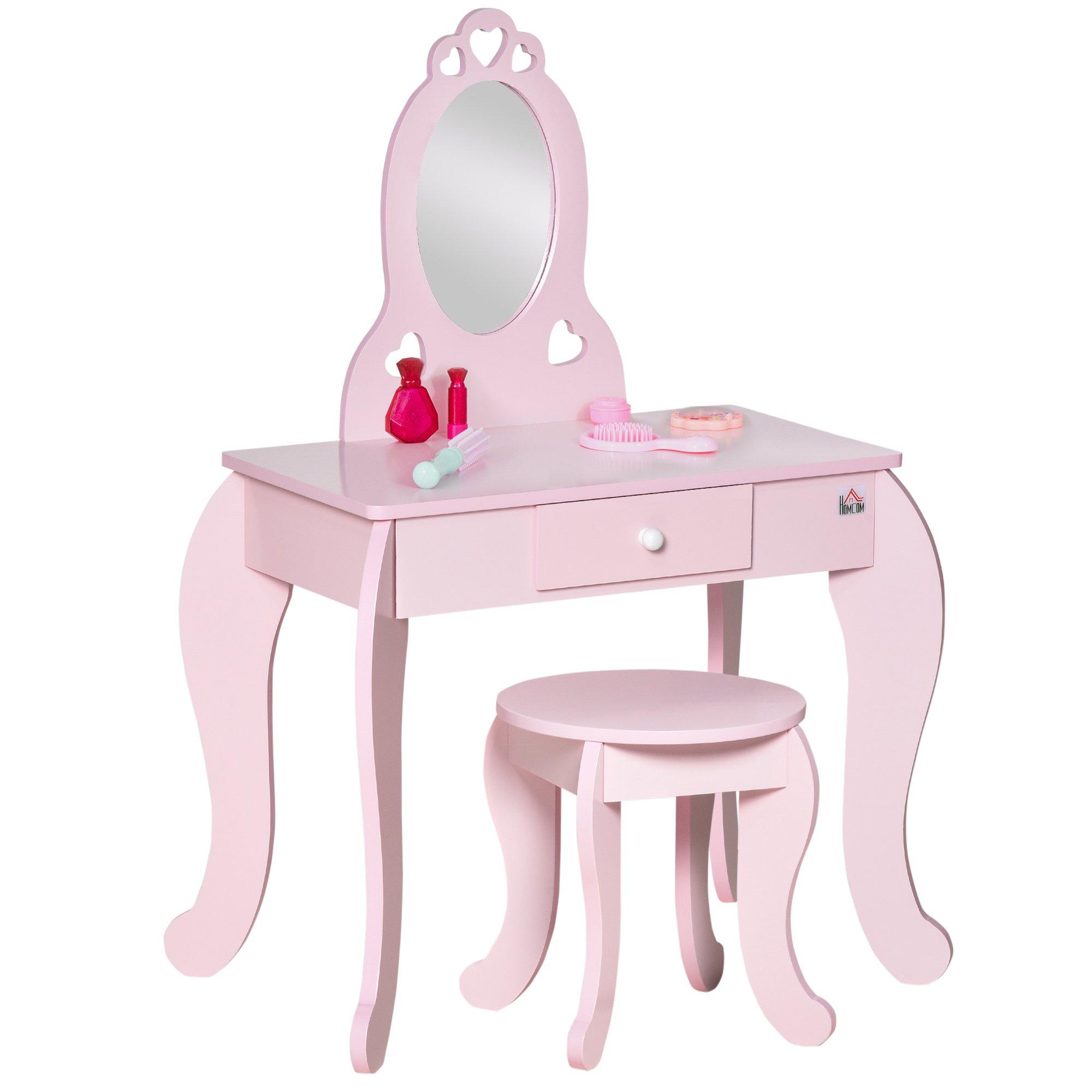 Kids Vanity Table & Stool Girls Dressing Set Make Up Desk with Mirror Pink