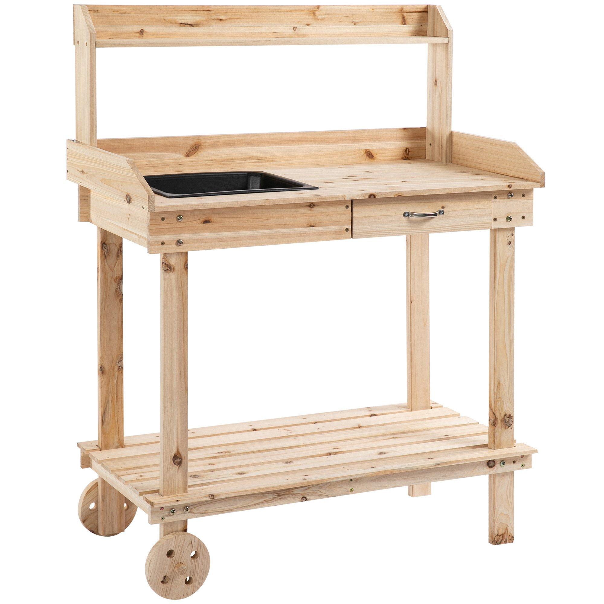 Wood Potting Bench Work Table w/ 2 Wheels & Drawer, 92x45x119cm