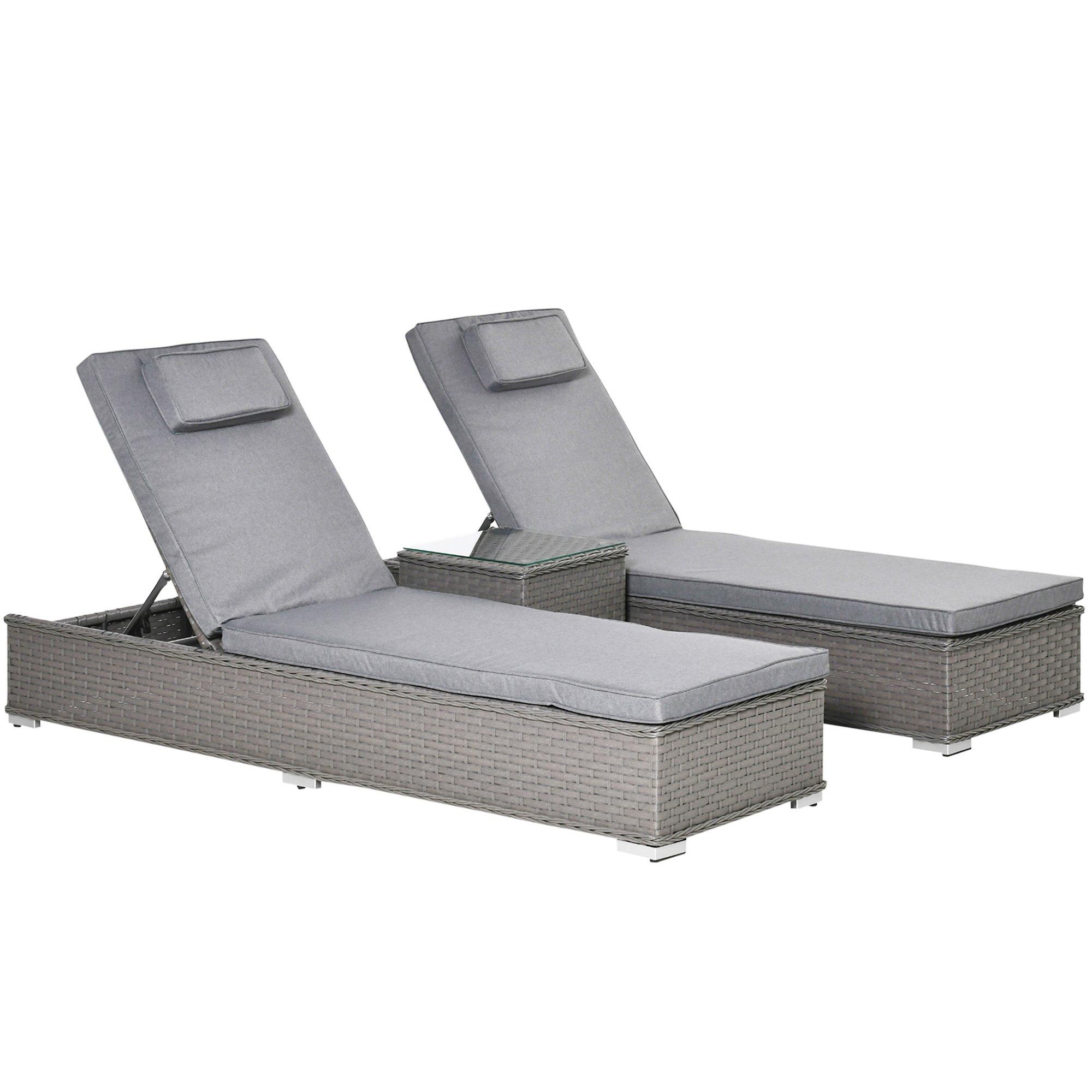 3PC Rattan Sun Lounger Garden Outdoor Wicker Recliner Bed Side Table - Grey