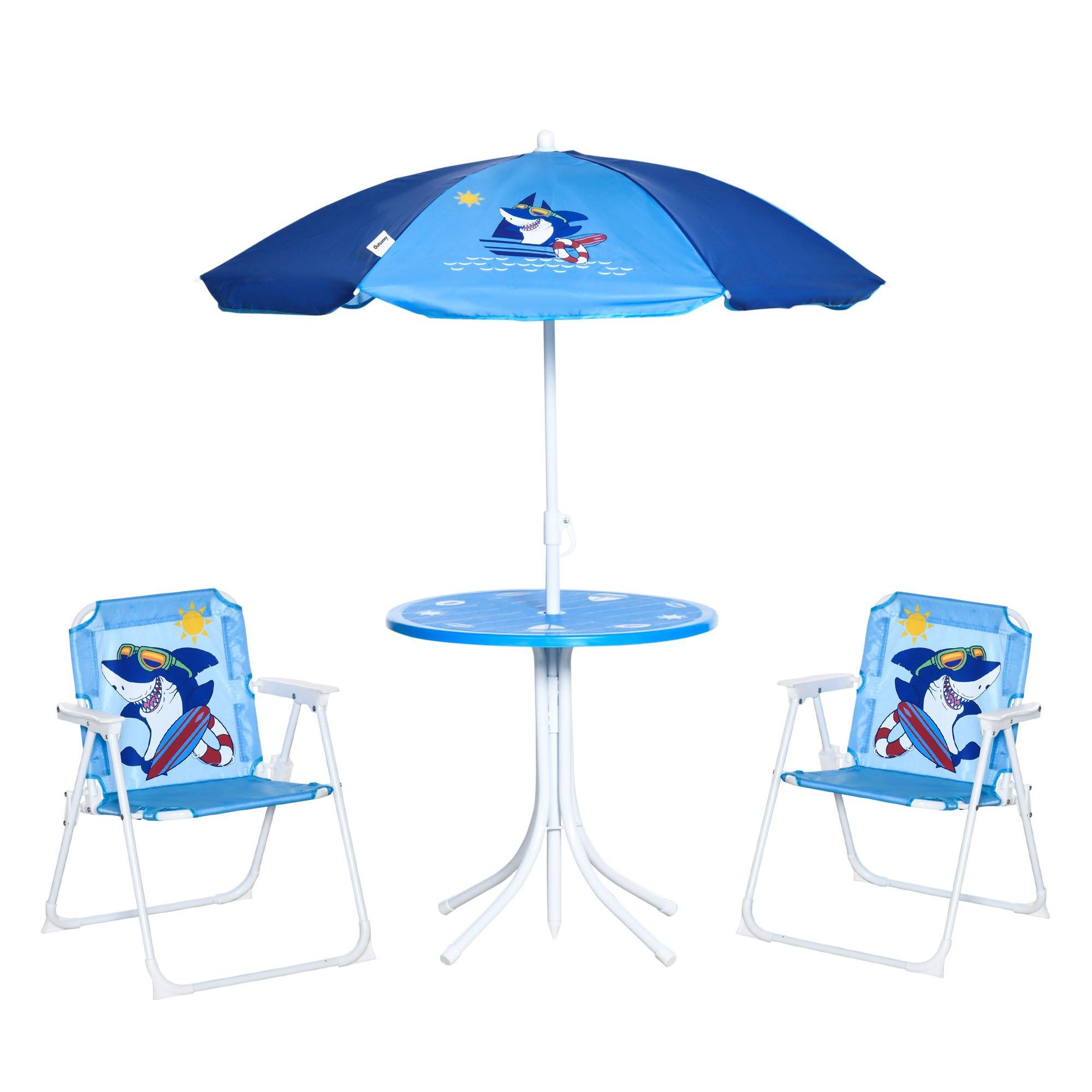 Kids Foldable Four-Piece Garden Set with Table, Chairs, Adjustable Umbrella - Blue