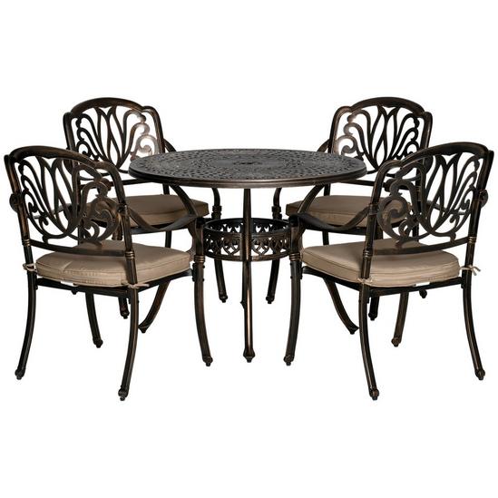 OUTSUNNY 4 Seater Outdoor Dining Set with Cushions Parasol Hole Cast Aluminium 1