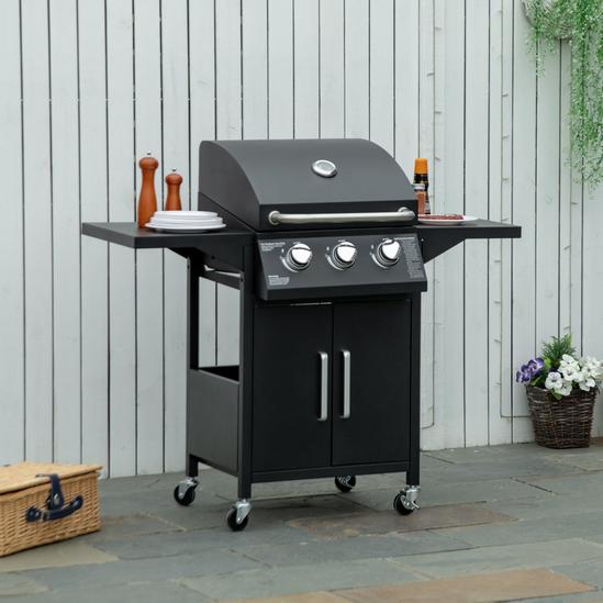 OUTSUNNY 3 Burner Gas Grill Portable BBQ Trolley with 4 Wheels and Side Shelves 2