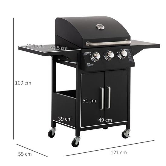 OUTSUNNY 3 Burner Gas Grill Portable BBQ Trolley with 4 Wheels and Side Shelves 5