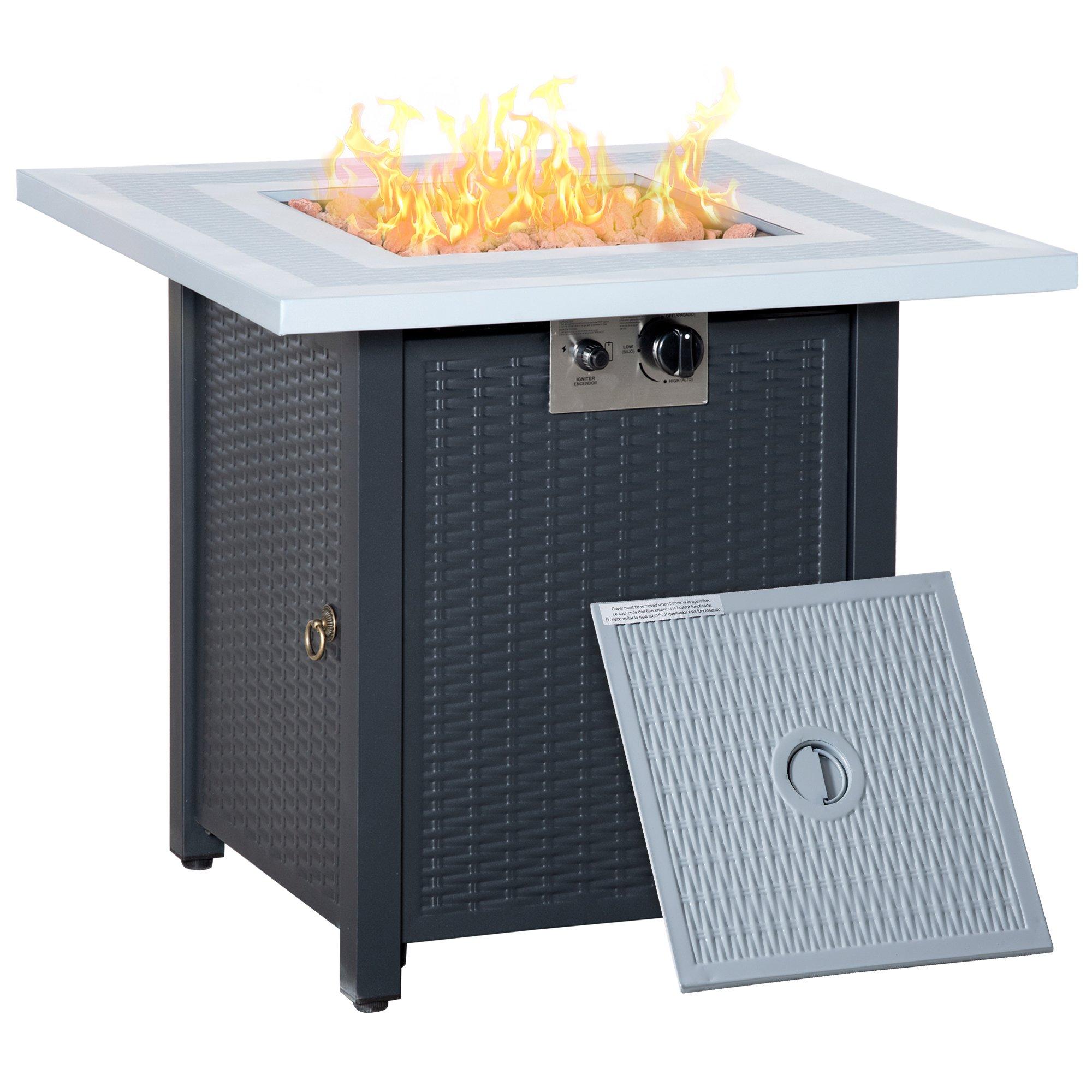 Outdoor Propane Gas Fire Pit Table w/ Lid and Lava Rocks, Black