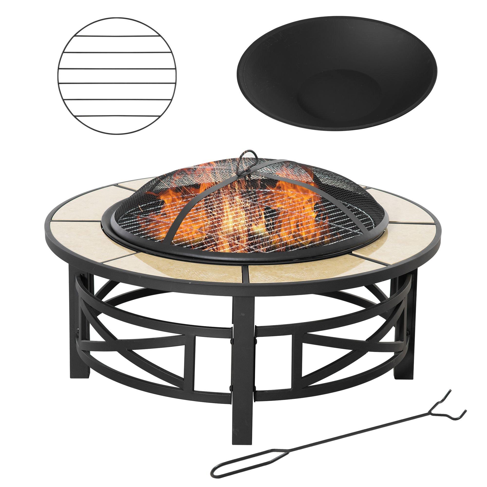 Outdoor Fire Pit Firepit Bowl with Grill Spark Mesh and Fire Poker