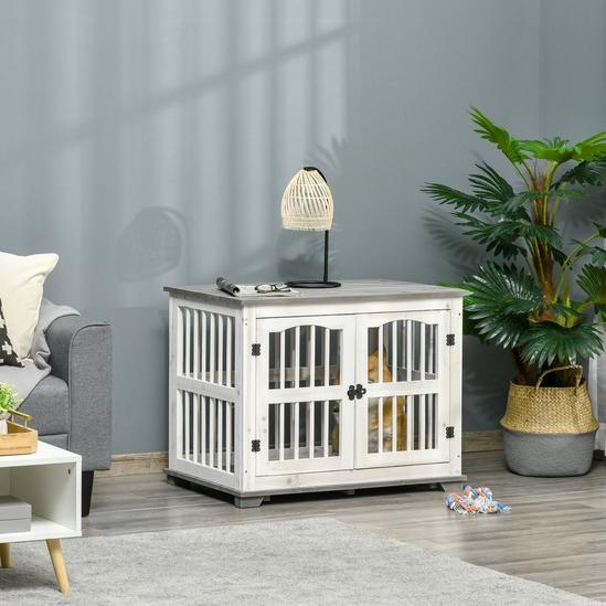 PAWHUT Dog Cage Wooden Pet Kennel End Table White 85.5x59.5x68 cm 2