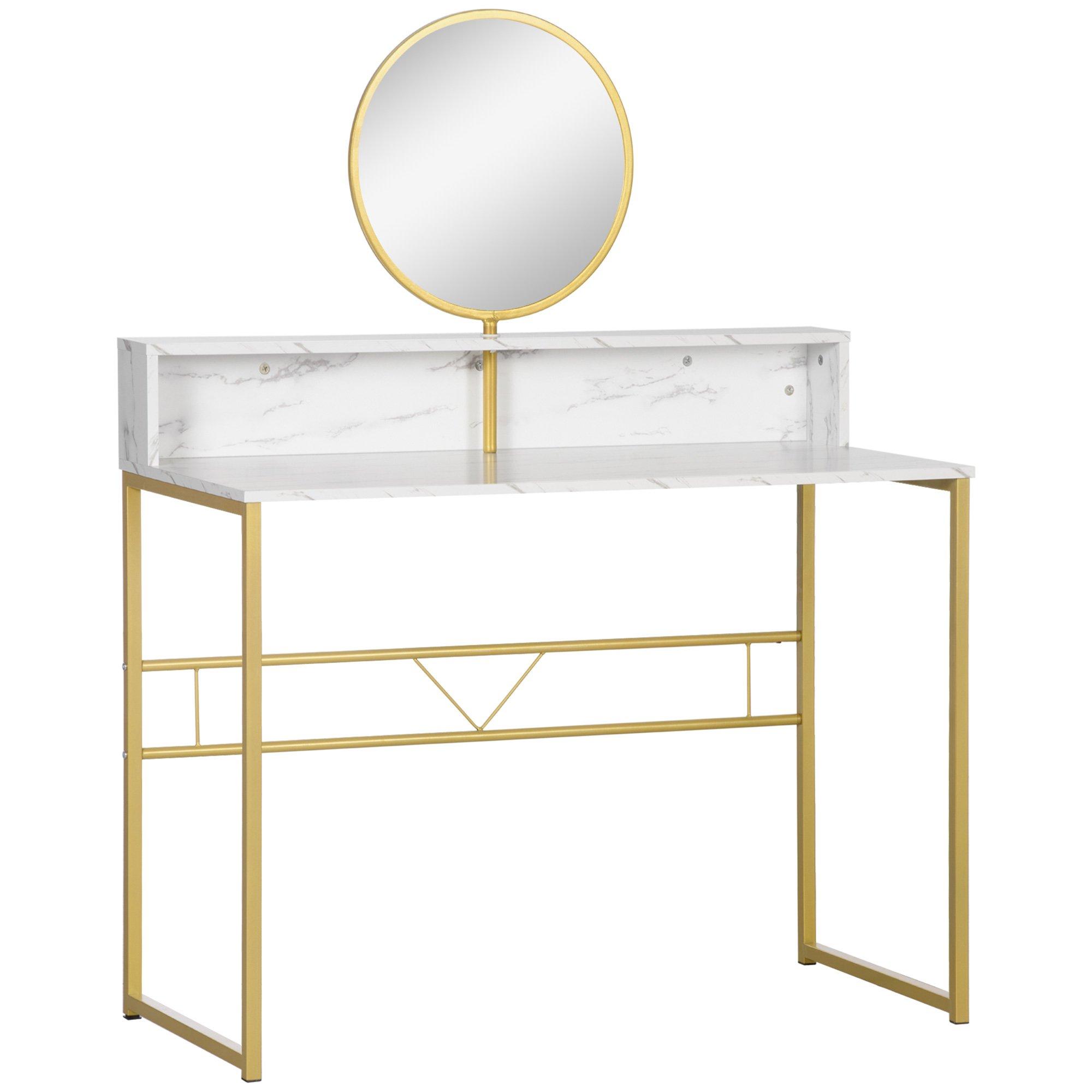 Modern Dressing Table W/ Open Storage Round Mirror Faux Marble Bedroom White