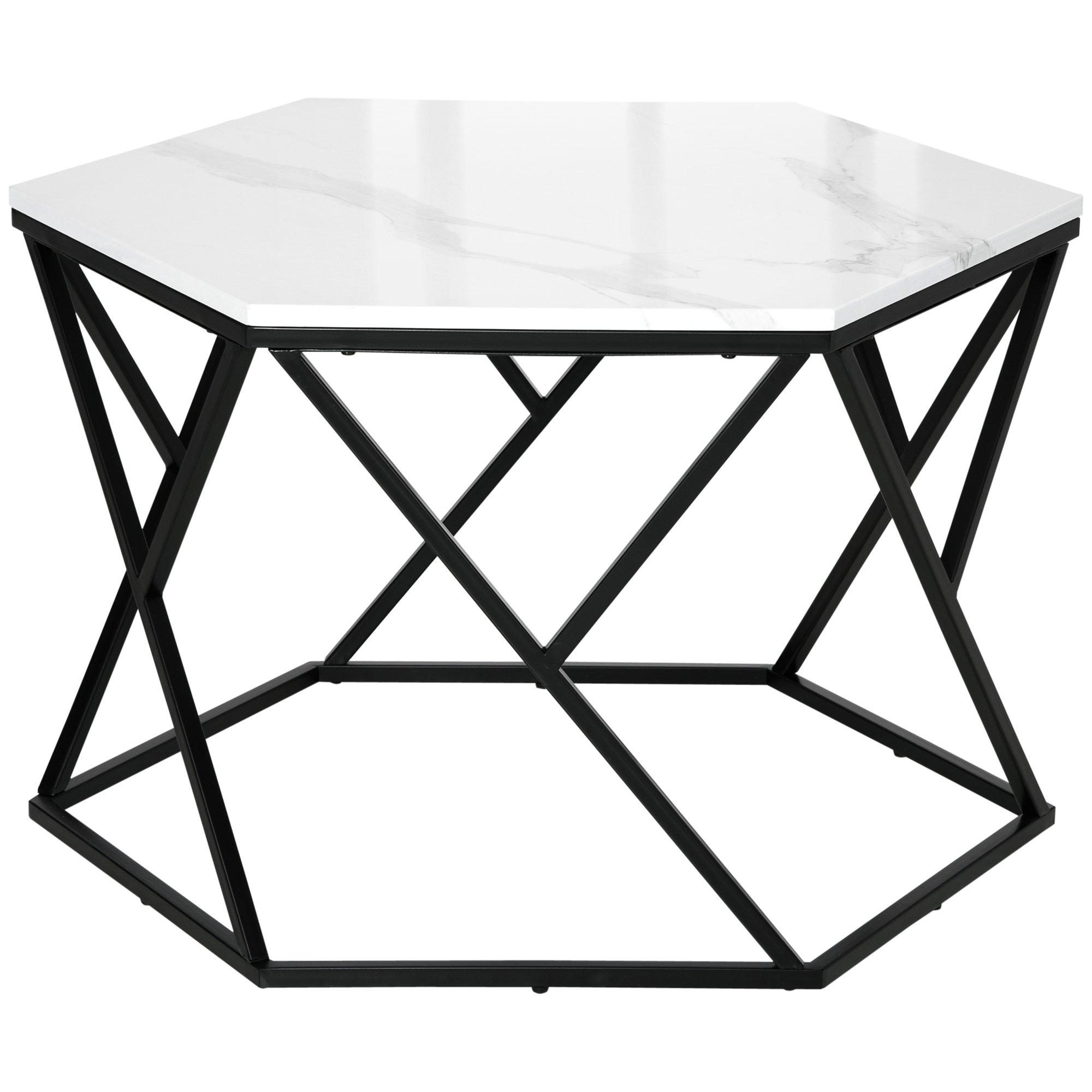 Modern Coffee Table with High Gloss Marble Effect Tabletop Steel Frame White