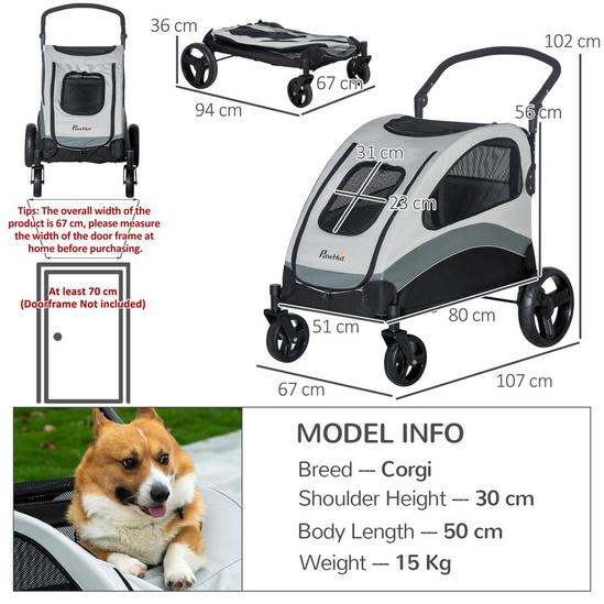 PAWHUT Pet Stroller Cat Pushchair Buggy Pram for M Dogs with 4 Wheels Safety 3