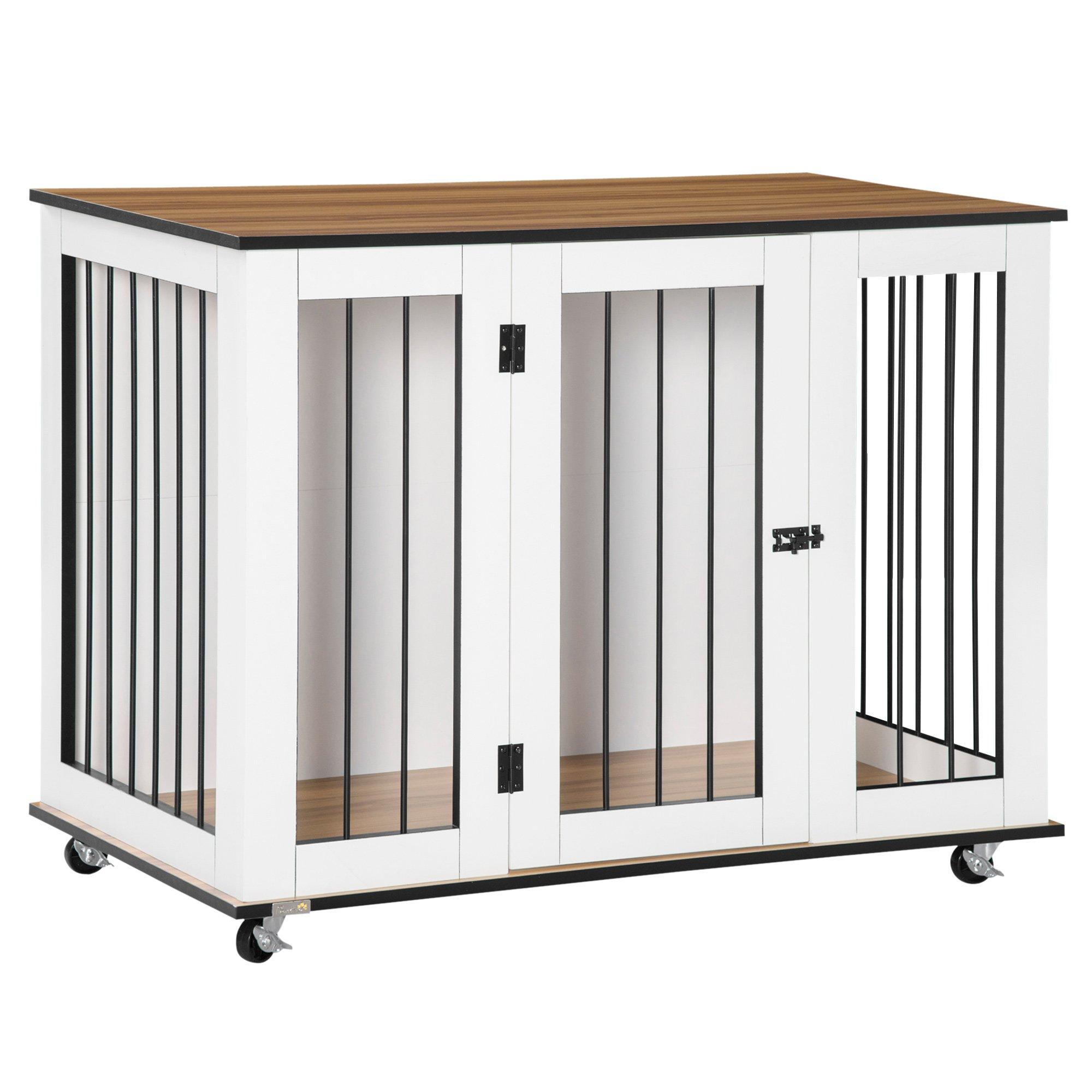 Dog Cage Side Table Dog Crate Furniture with Lockable Door, for Large Dogs - White