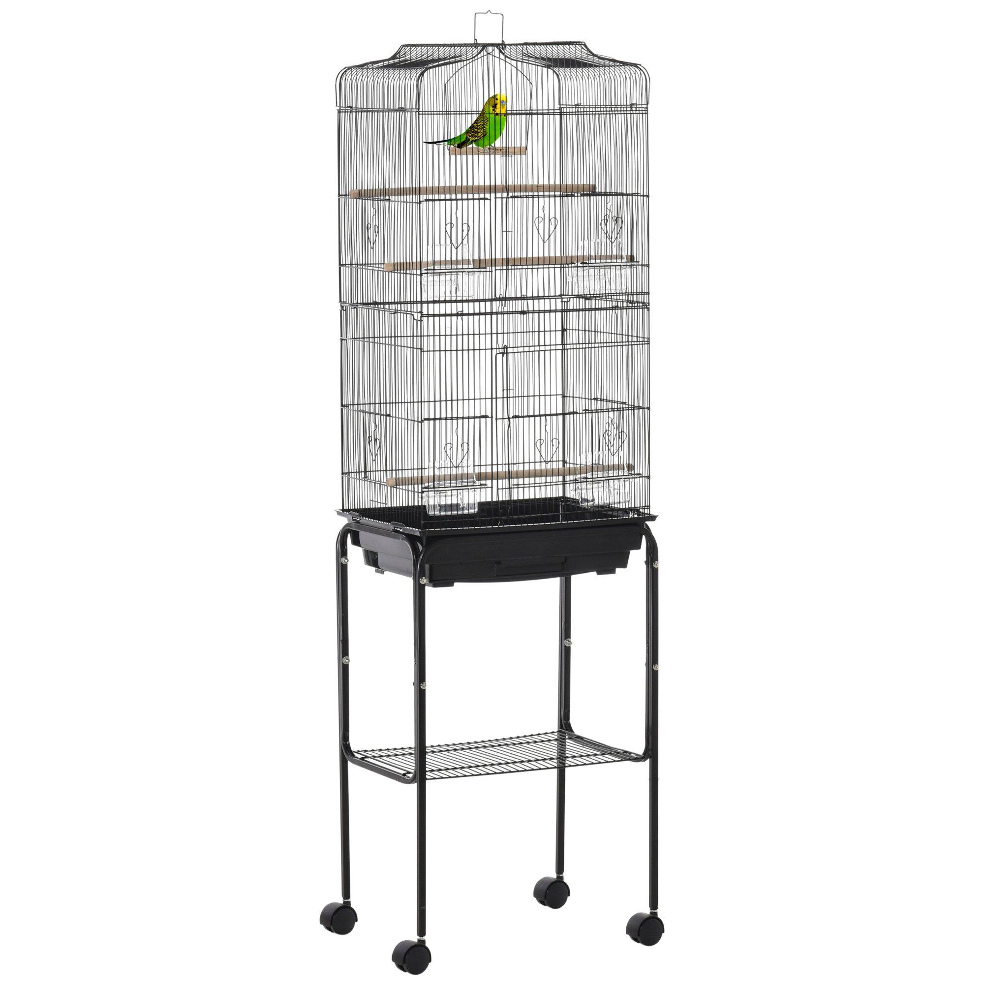 Bird Cage Metal Budgie Cages with Rolling Stand Slide-out Tray Storage Shelf