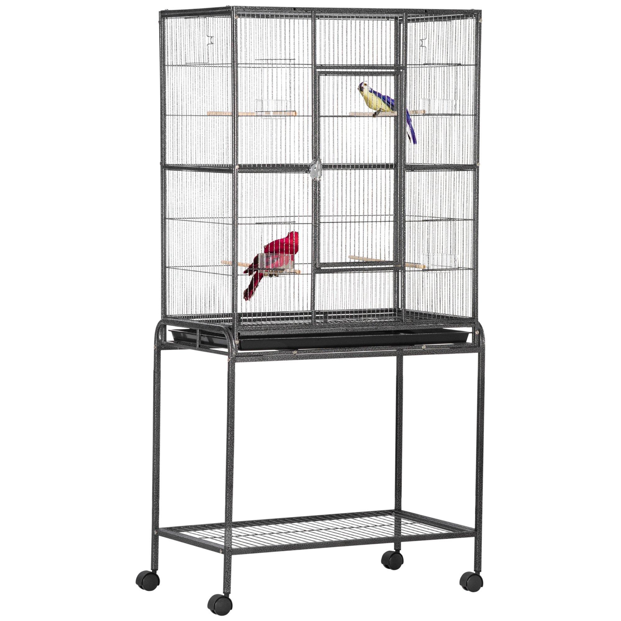 Rolling Bird Cage with Detachable Stand, Storage Shelf, Wood Perch