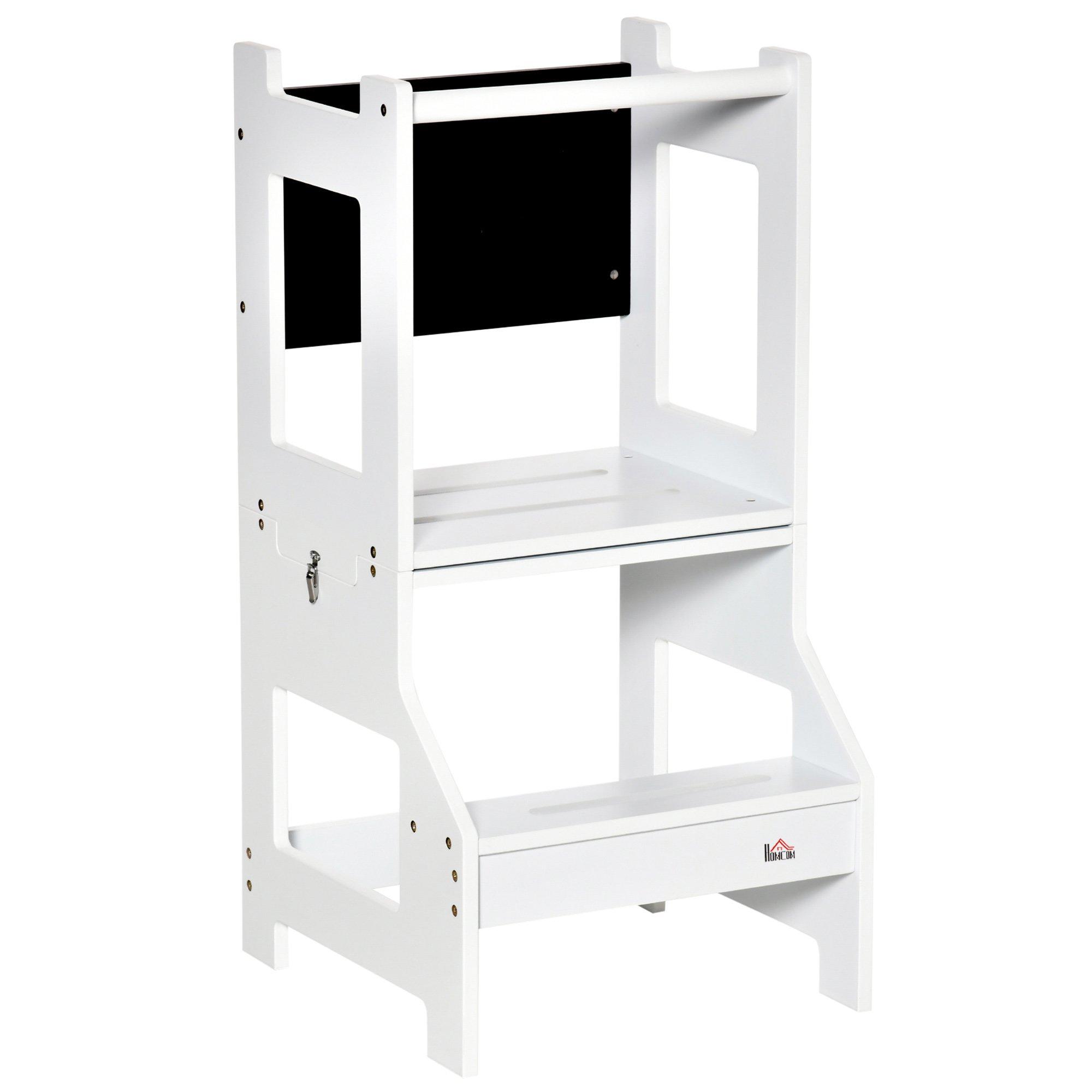 2-in-1 Kids Kitchen Step Stool Table Chair Set W/ Safety Rail Chalkboard, White