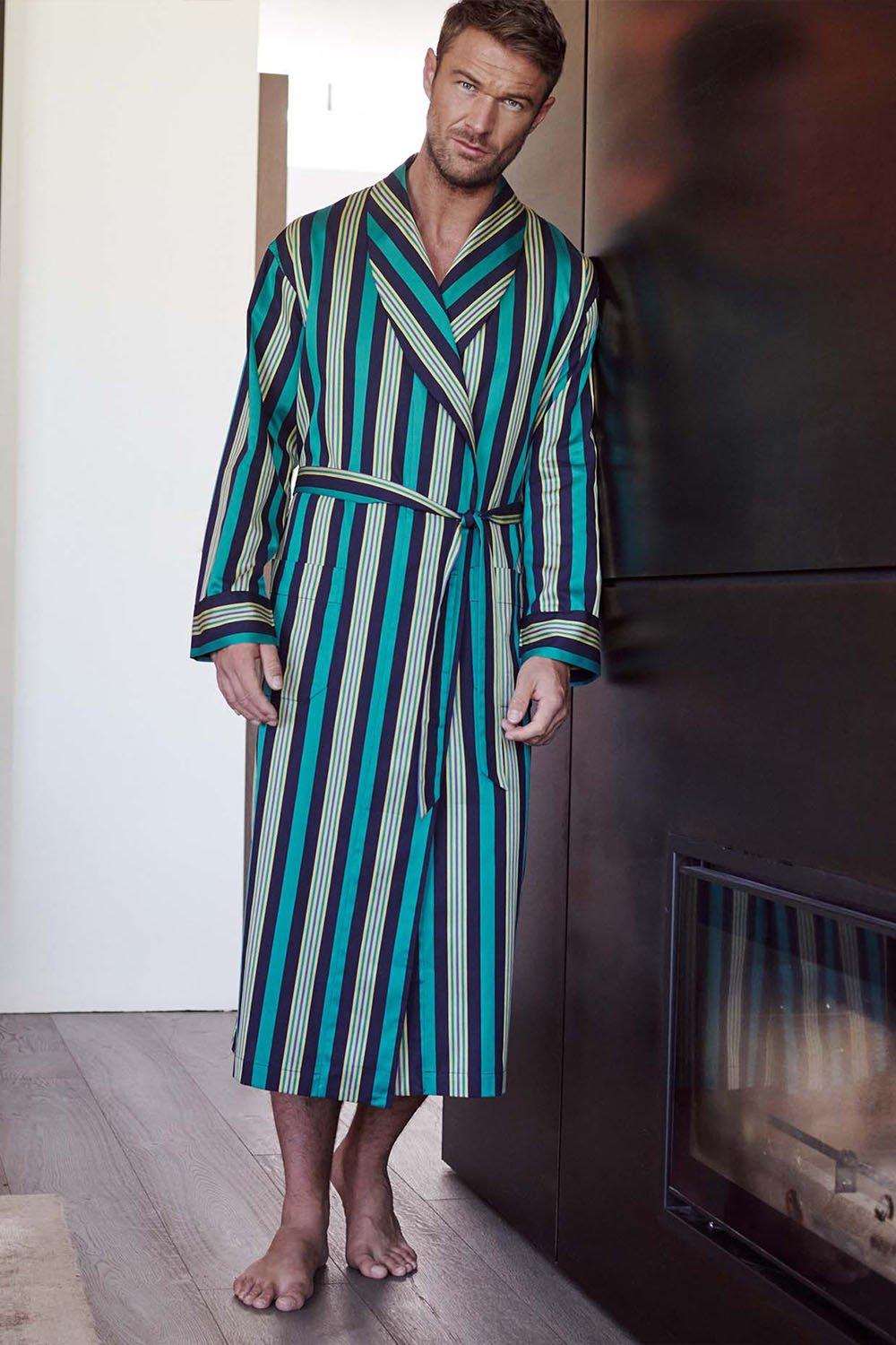 'Regimental' Jade Cotton Satin Stripe Dressing Gown