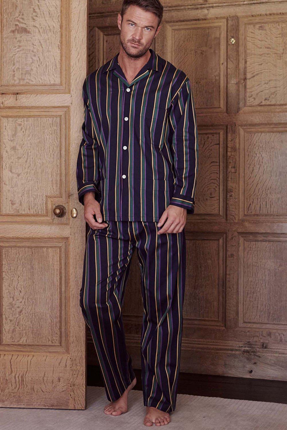 'Regimental' Malachite Cotton Satin Stripe Pyjama Set