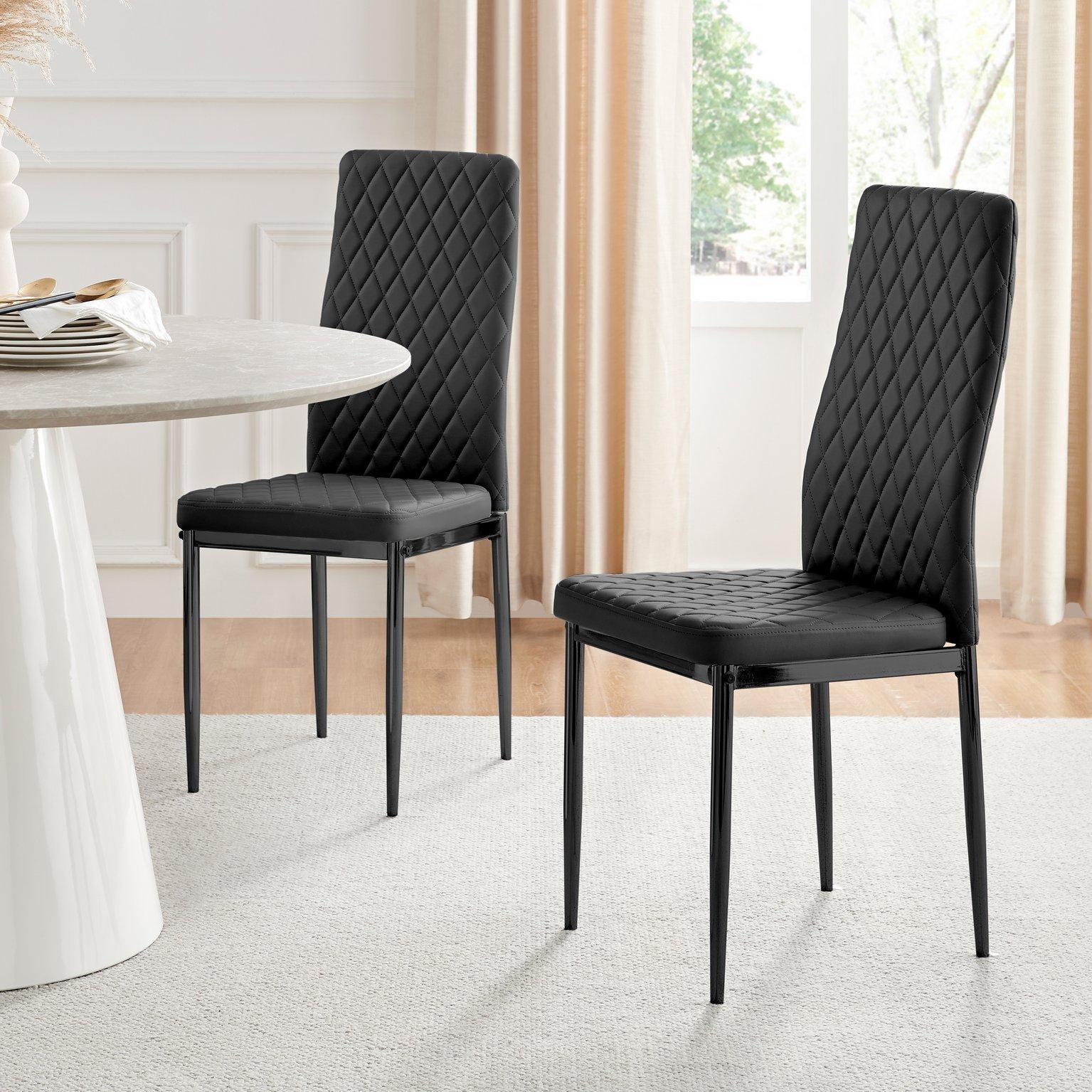 Set of 4 Milan High Back Soft Touch Diamond Pattern Faux Leather Dining Chairs With Black Powder Coa