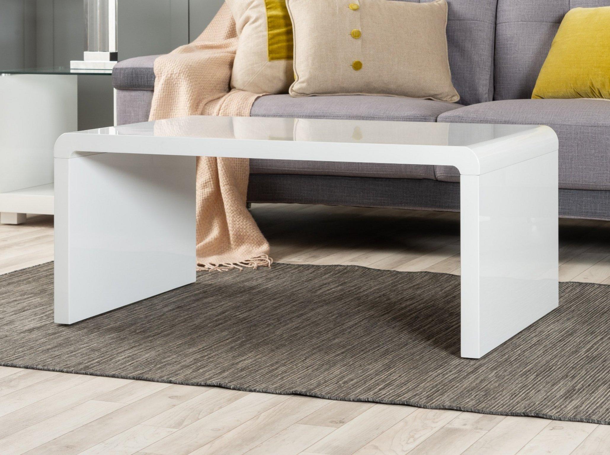 Enzo White High Gloss Rectangular Coffee Table with Sleek Simple Minimalist Design and Curved Edges 
