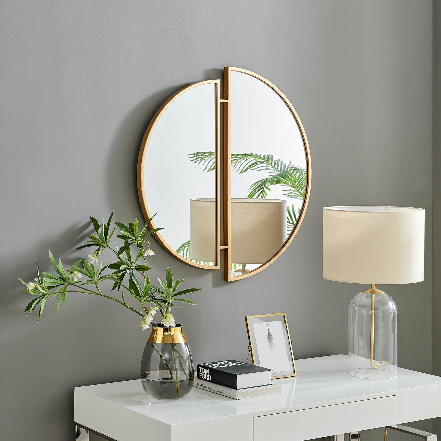 Crescent Art Deco Gold Metal Framed 80cm Round Hallway Bedroom Dining And Living Room Wall Mirror