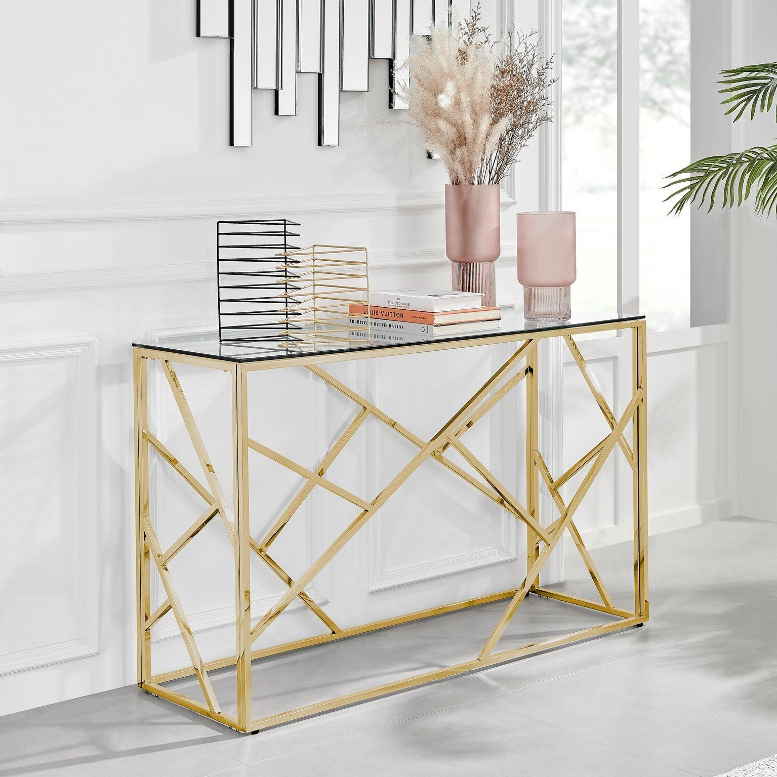 Amalfi Console Table - Rectangular Clear Glass & Chromed Metal Table - Abstract Pattern - Sleek, Chi